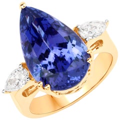 11.06 Carat Tanzanite and Diamond 18 Karat Yellow Gold 3-Stone Ring