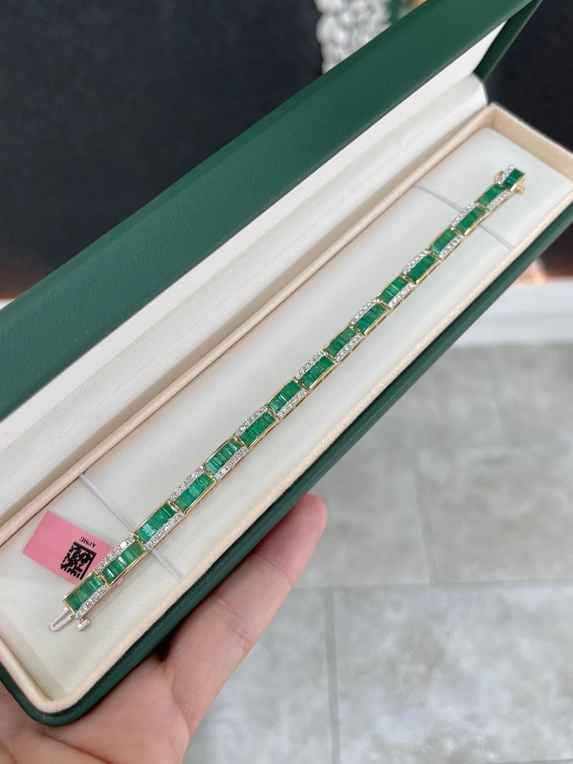 A remarkable emerald and diamond bracelet. This stunning piece features nine carats of natural baguette-cut emeralds that showcase a lovely lush green color with good clarity and even better luster. Petite brilliant round cut diamonds accent each