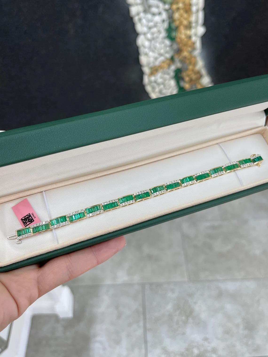 Modern 11.06tcw 14K Natural Vivid Green Emerald Baguette Cut & Diamond Accent Bracelet For Sale