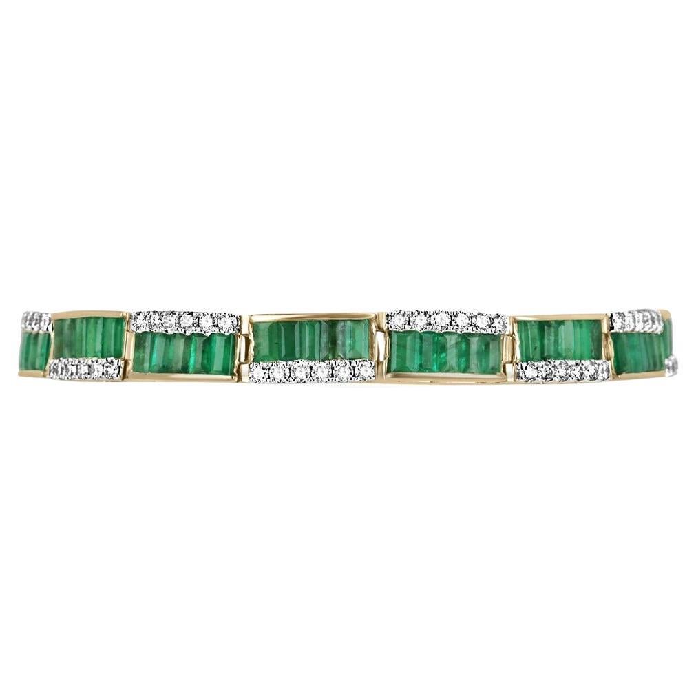 11.06tcw 14K Natürlicher Vivid Grüner Smaragd Baguetteschliff & Diamant-Akzent-Armband