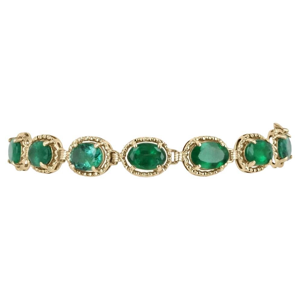 11.06tcw 18K Vivid Dark Green Natural Emerald-Oval Cut Solid Gold Bracelet For Sale