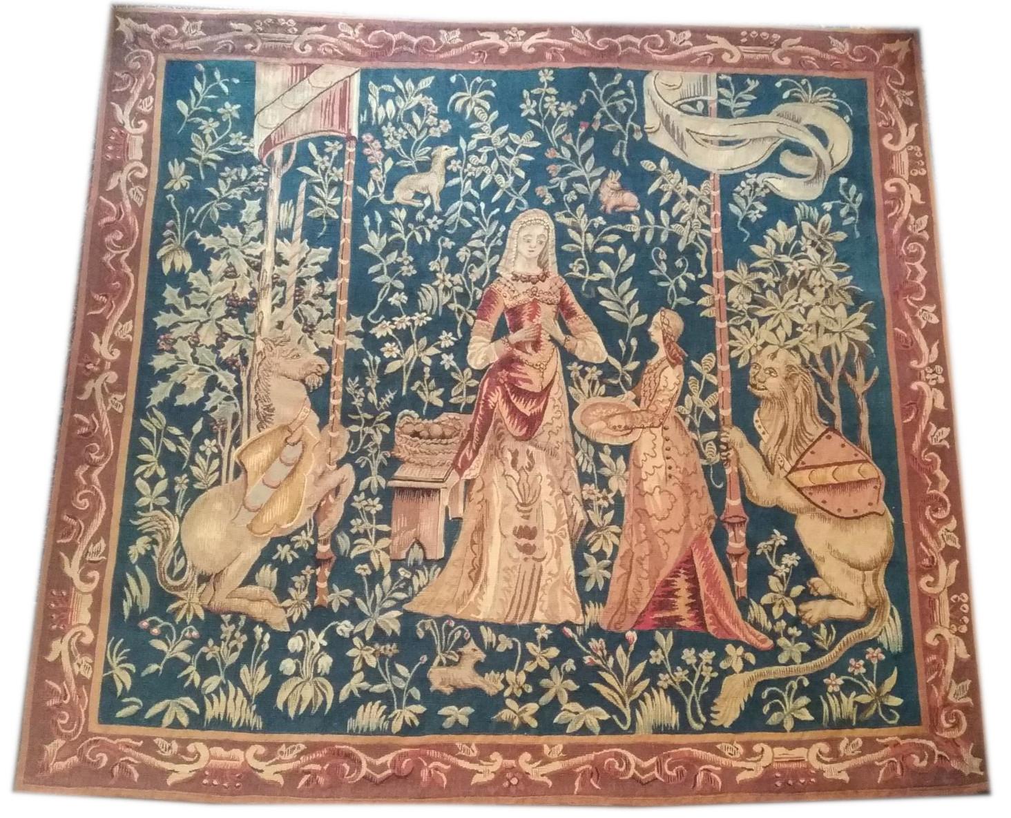  1107 - Aubusson Tapestry 19th Century Lady with the Unicorn  For Sale 3