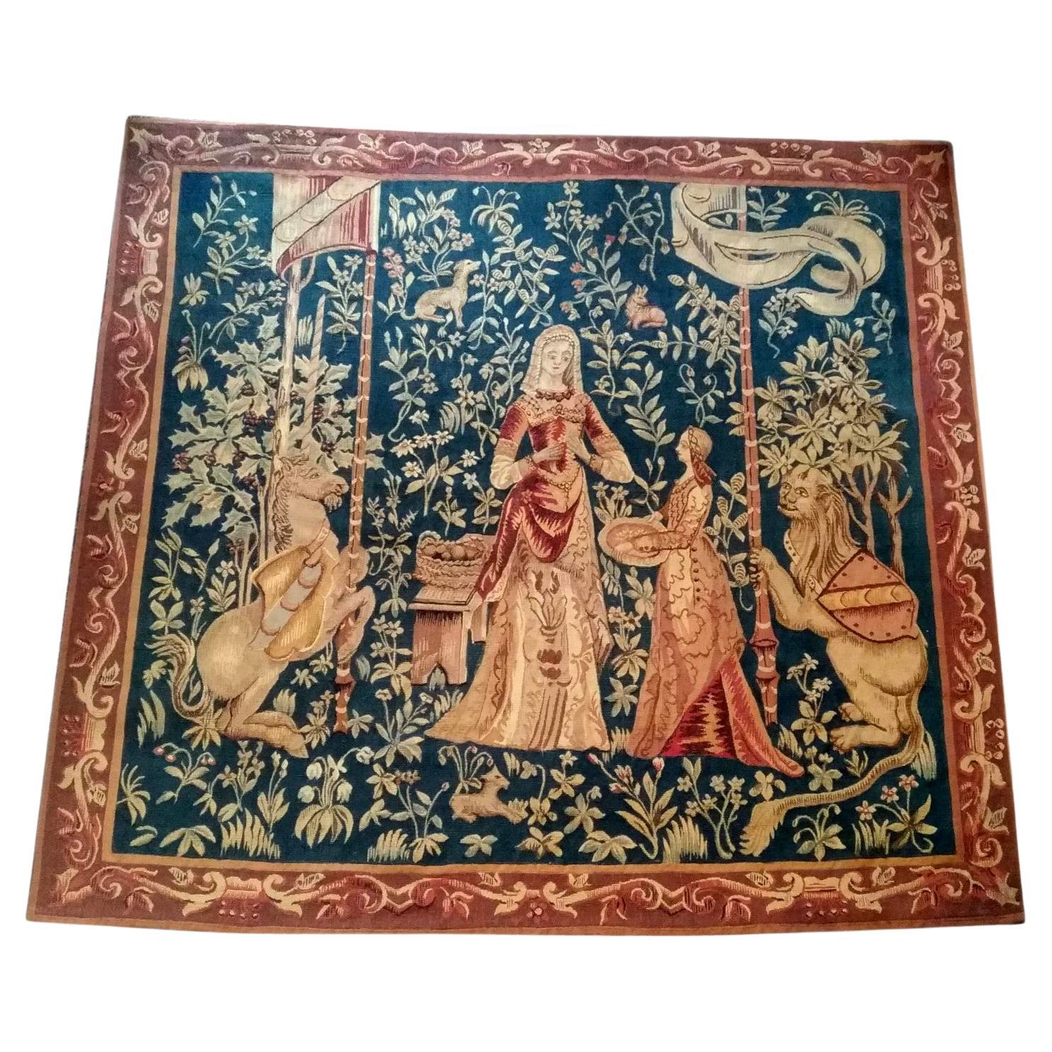  1107 - Aubusson Tapestry 19th Century Lady with the Unicorn  For Sale