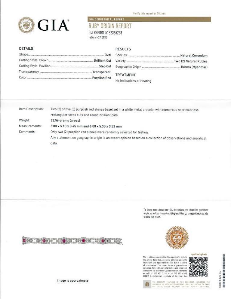 Art Deco GIA Certified 11.07 Carat No Heat Burmese Ruby and Diamond Bracelet in Platinum For Sale