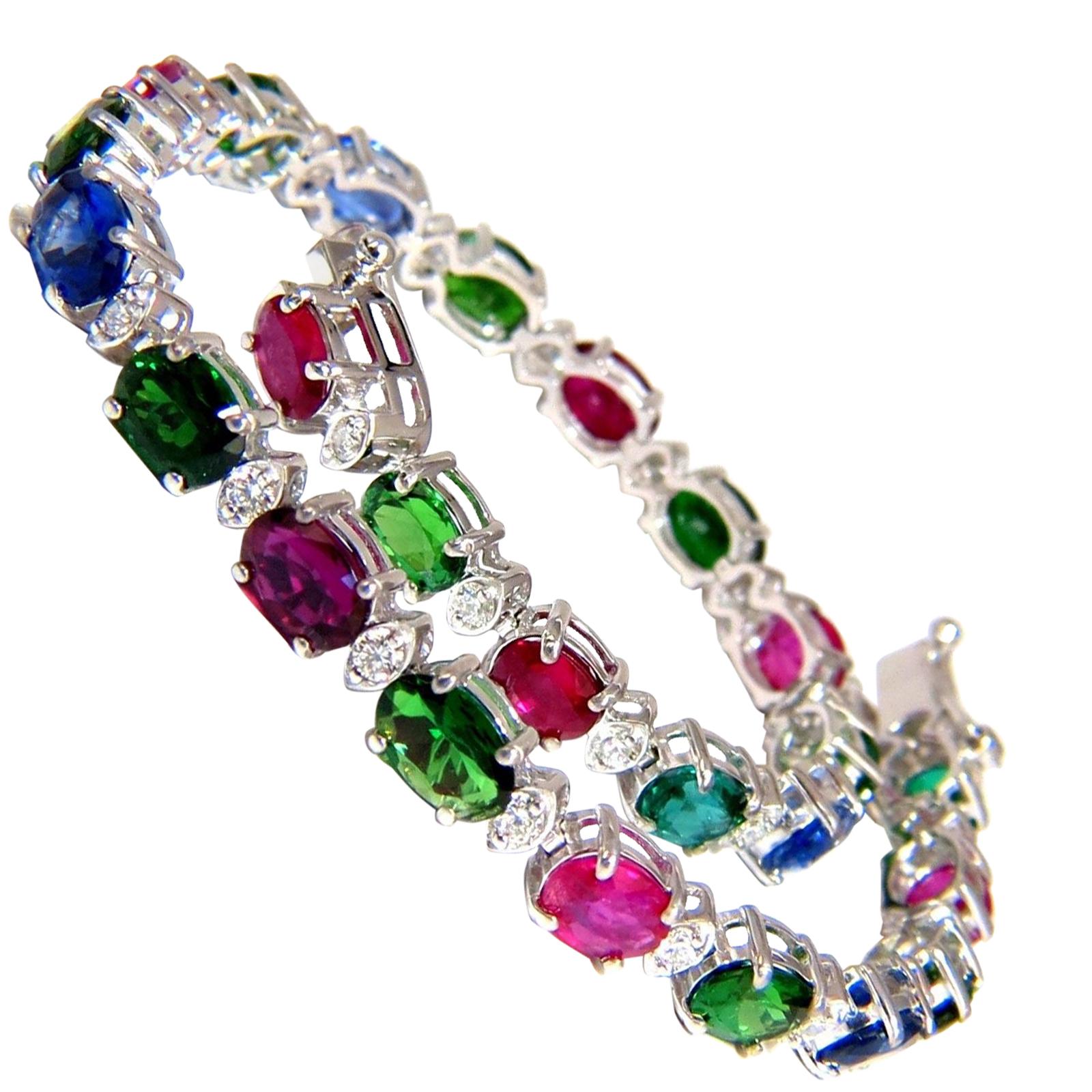 Bracelet tennis 14 carats avec tsavorite naturelle, rubis, saphirs et diamants de 11,07 carats