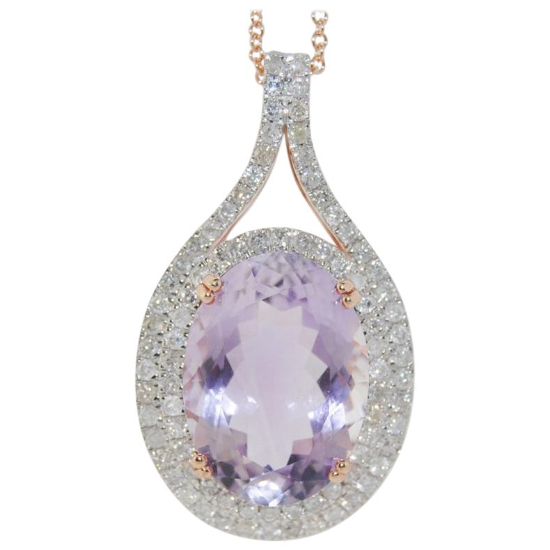 11.08 Carat Amethyst and Diamond Pendant Necklace, 14 Karat Gold For Sale