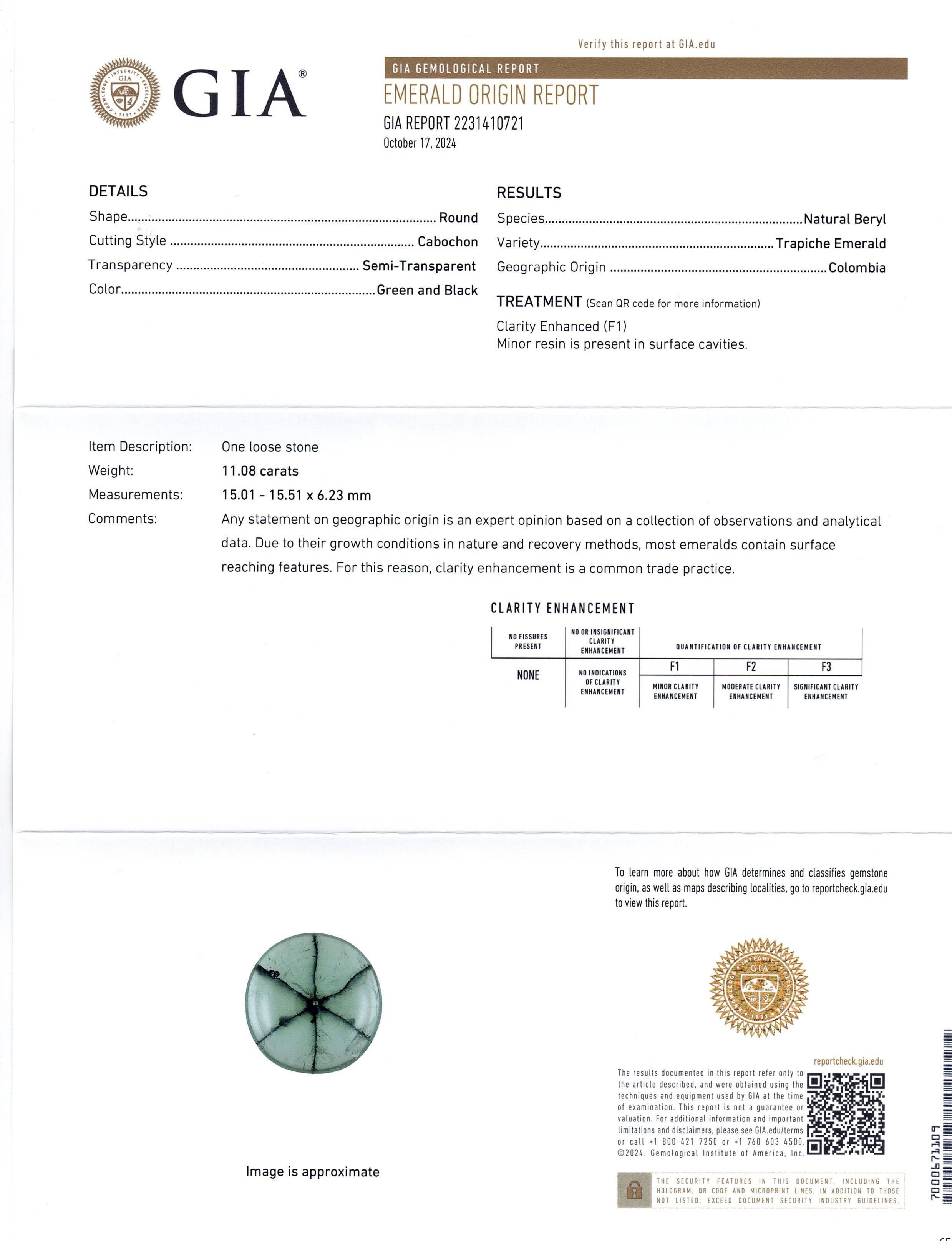 11,08 Karat runder grüner und schwarzer Trapiche-Smaragd GIA zertifiziert Kolumbien (F1) im Zustand „Neu“ im Angebot in Toronto, Ontario