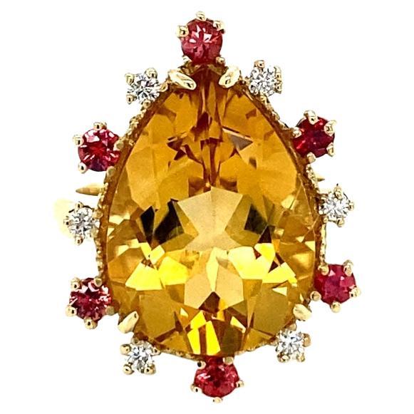 11.09 Carat Pear Cut Citrine Sapphire Diamond Yellow Gold Cocktail Ring