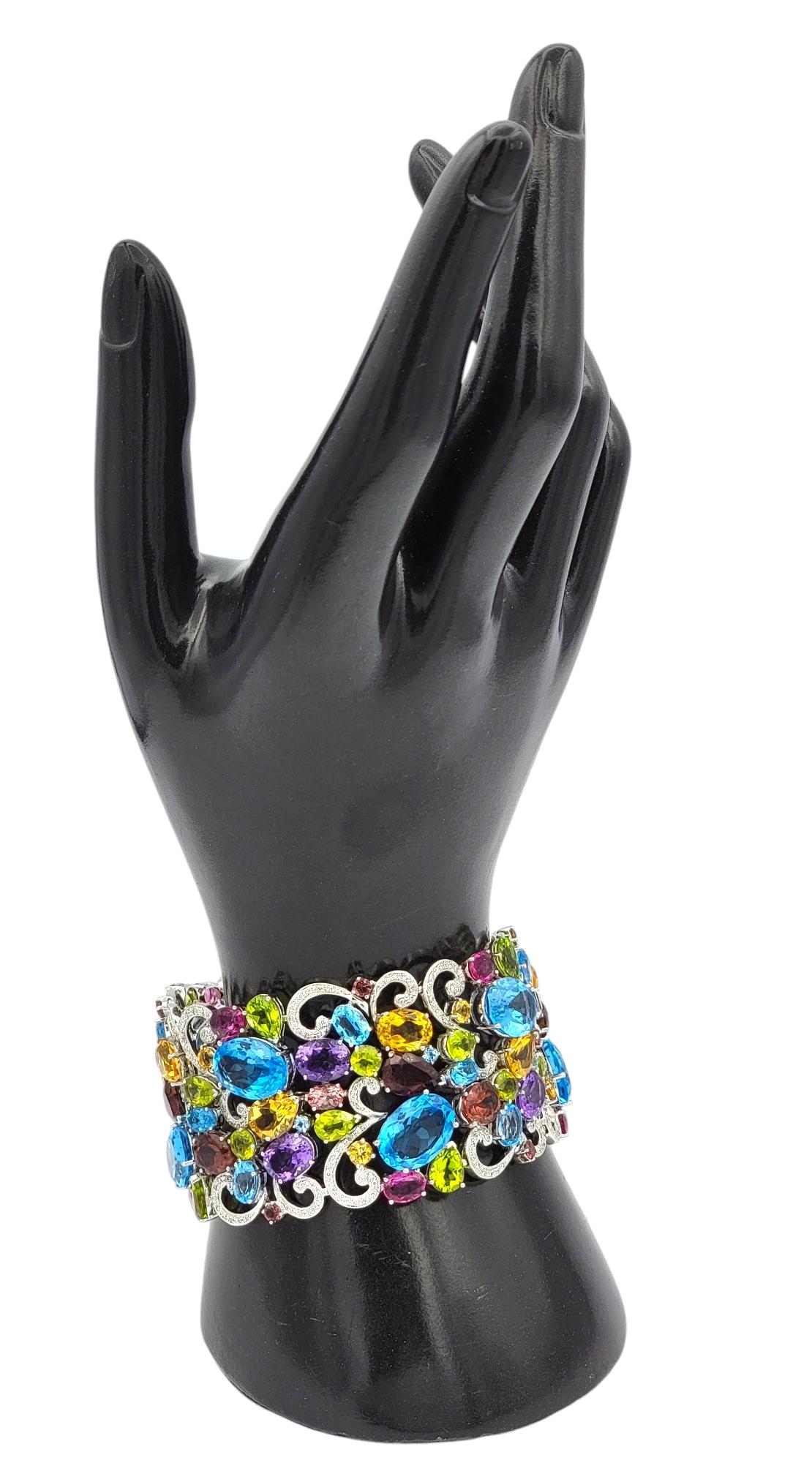 Breites Filigranarmband aus 14 Karat Gold mit 110,91 Karat mehreren Edelsteinen und Diamanten im Angebot 4