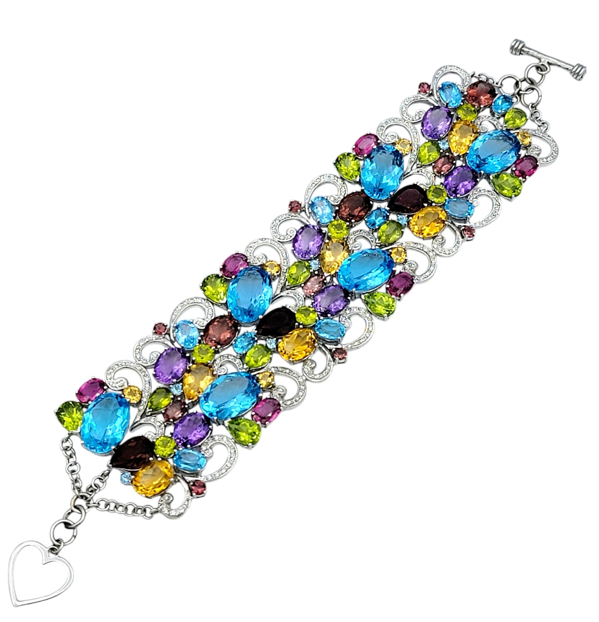 Breites Filigranarmband aus 14 Karat Gold mit 110,91 Karat mehreren Edelsteinen und Diamanten (Ovalschliff) im Angebot