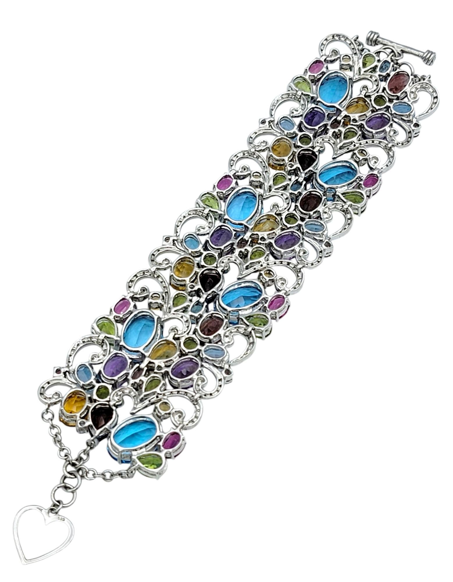 Breites Filigranarmband aus 14 Karat Gold mit 110,91 Karat mehreren Edelsteinen und Diamanten im Angebot 1