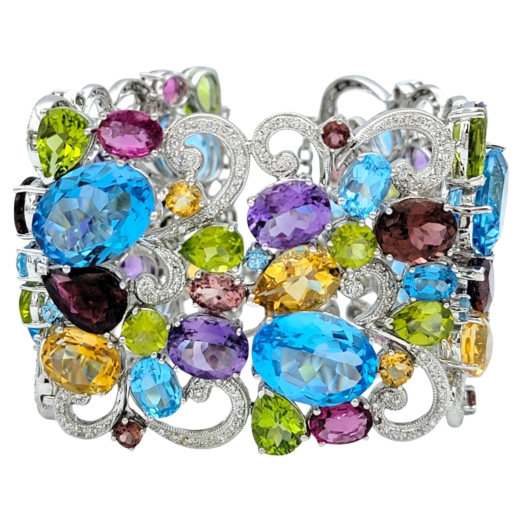 Breites Filigranarmband aus 14 Karat Gold mit 110,91 Karat mehreren Edelsteinen und Diamanten im Angebot
