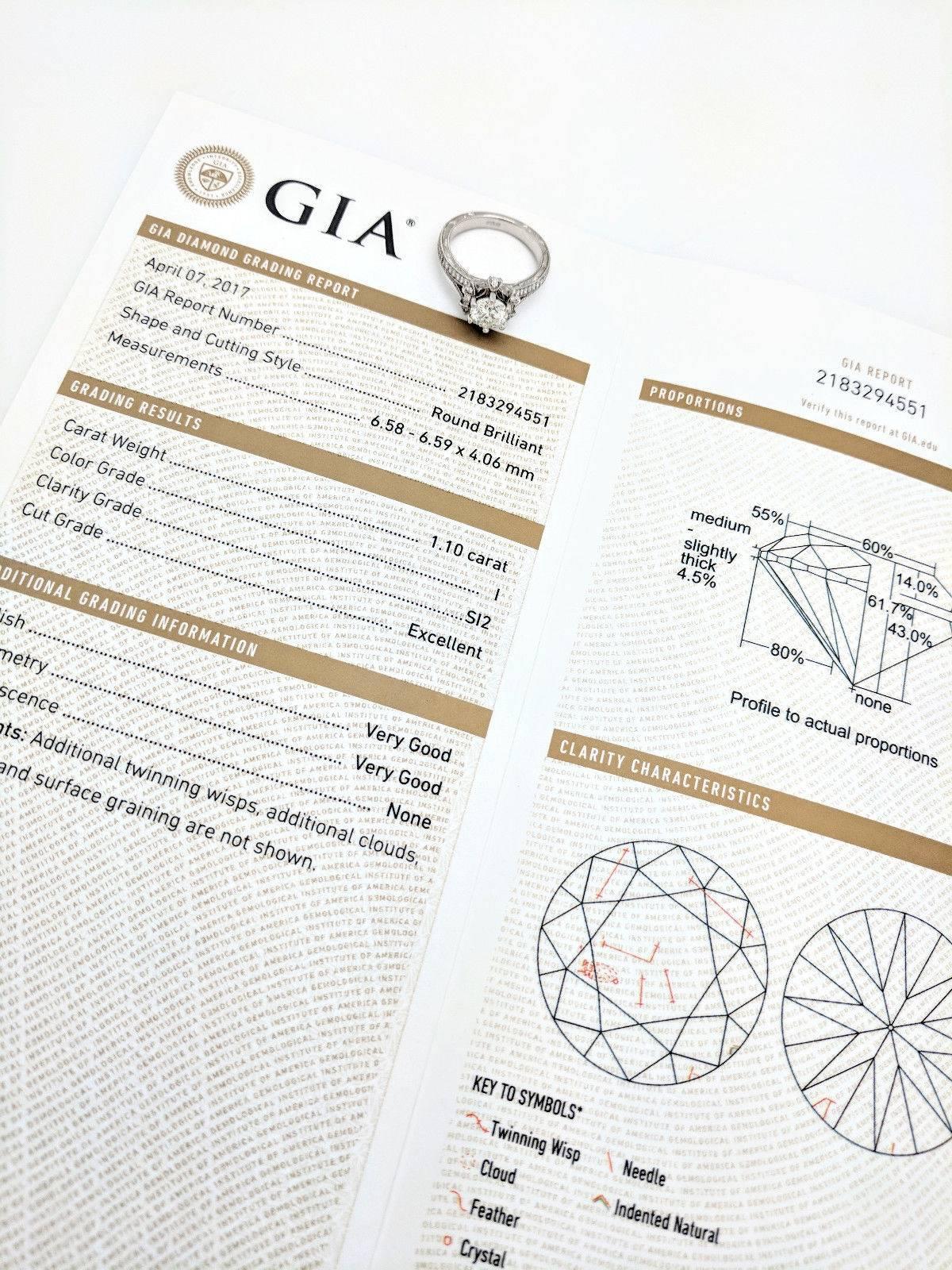 1.10cat. Round Brilliant Cut Natural Diamond Engagement Ring GIA Certified SI2/I For Sale 6