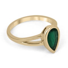 1.10ct 14K Dark Green Pear Cut Emerald Bezel Set Split Shank Solitaire Gold Ring