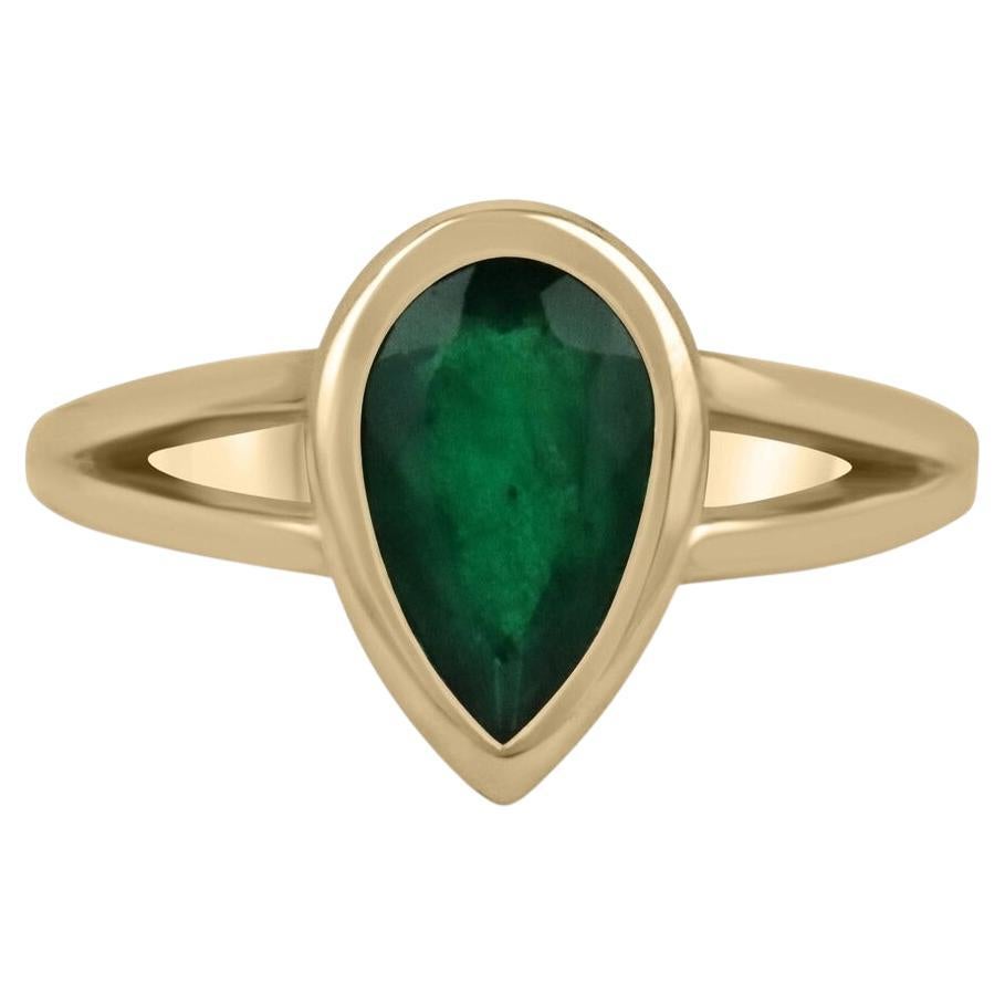 1.10ct 14K Dark Green Pear Cut Emerald Bezel Set Split Shank Solitaire Gold Ring