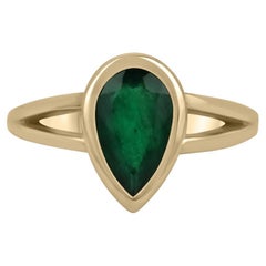 1.10ct 14K Dark Green Pear Cut Emerald Bezel Set Split Shank Solitaire Gold Ring