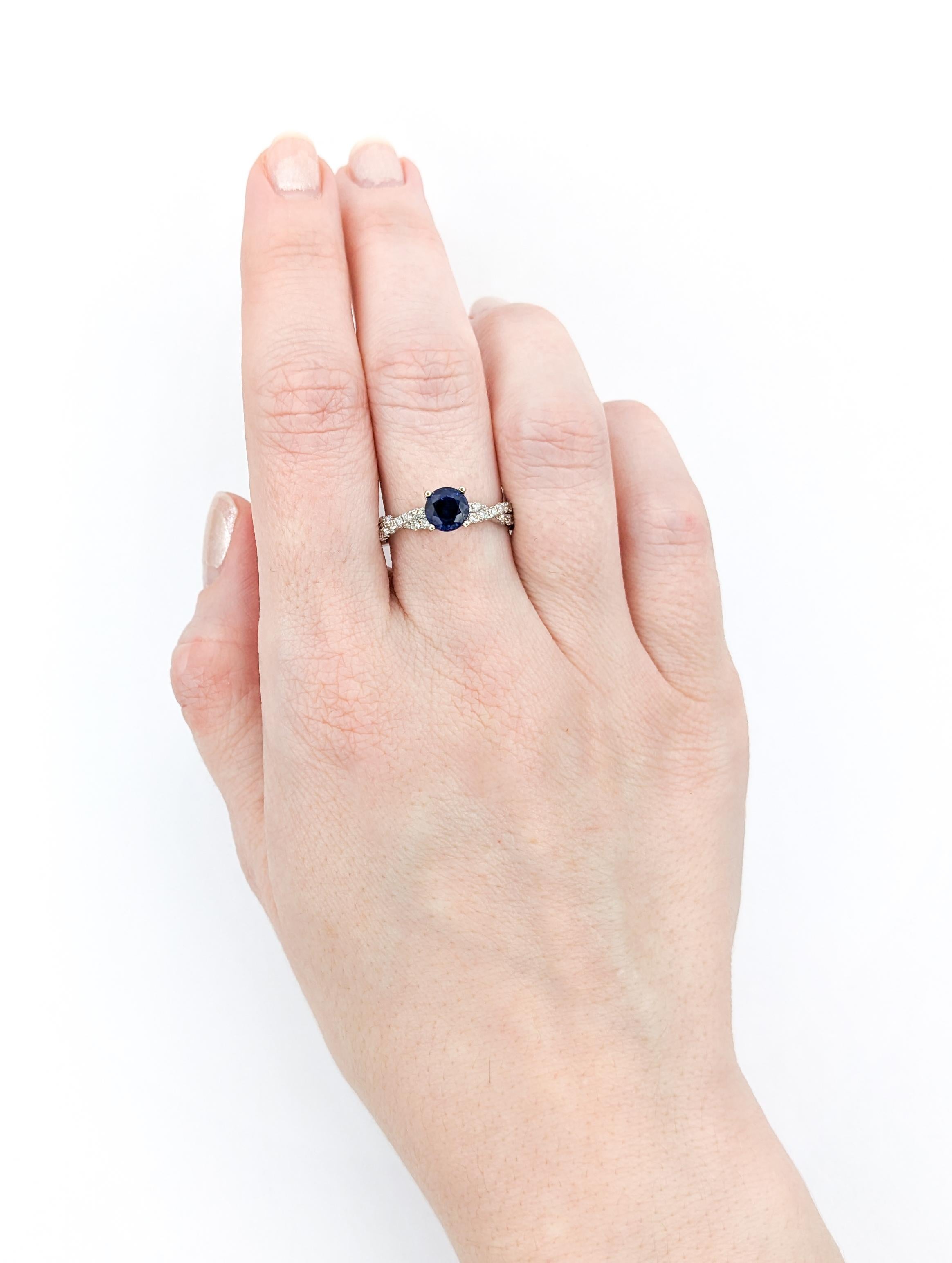 Contemporary 1.10ct Blue Sapphire & Diamond Ring In White Gold For Sale