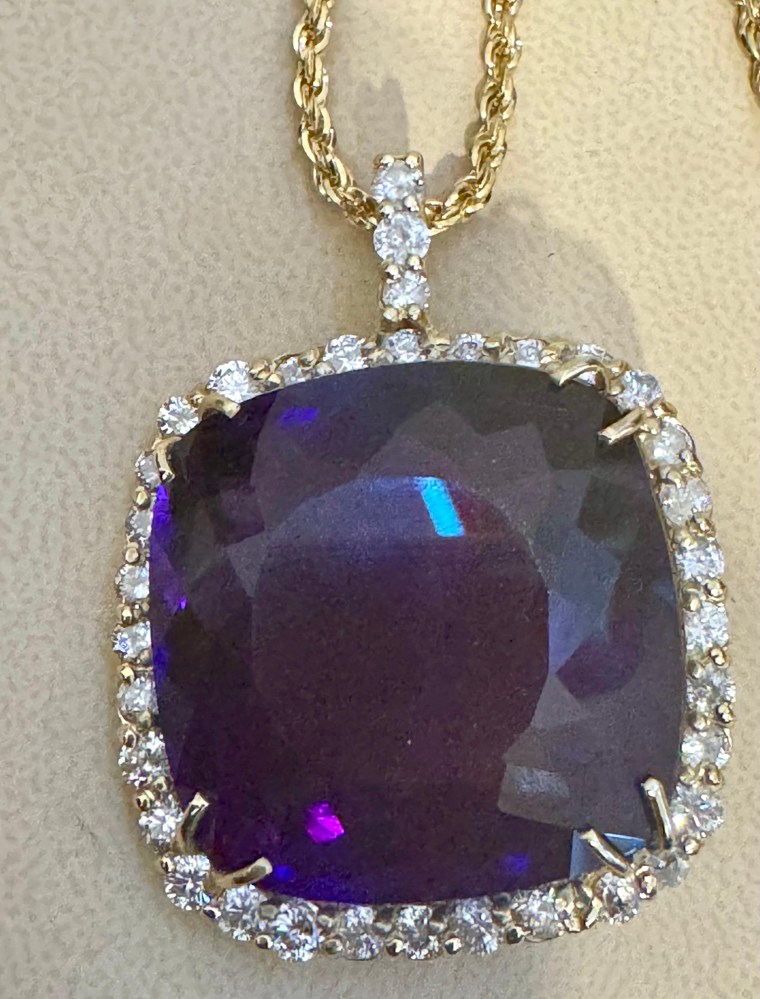 110Ct  Cushion Amethyst & 5 Ct Diamond Pendant Necklace 14 K Yellow Gold + Chain For Sale 8