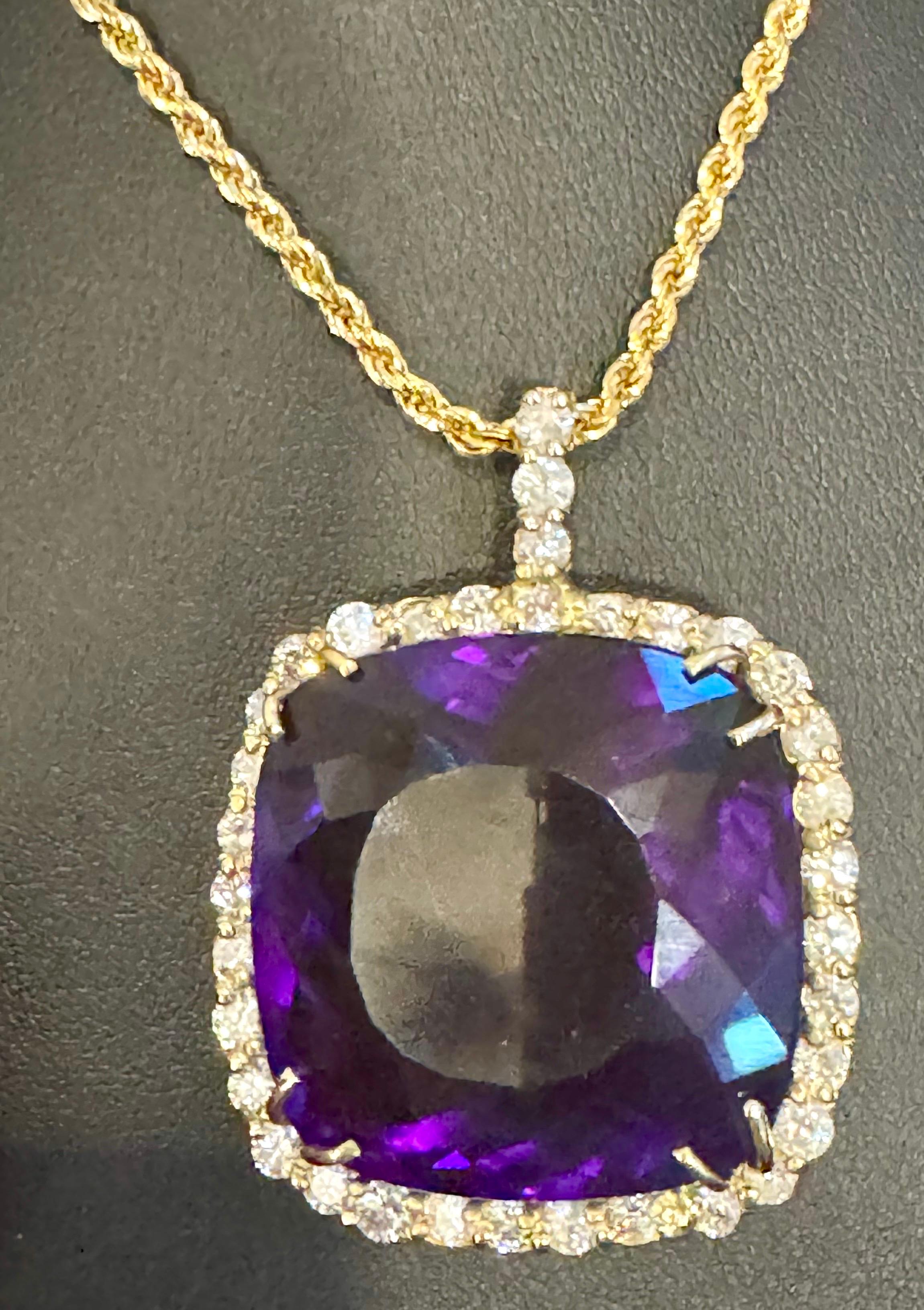 110Ct  Cushion Amethyst & 5 Ct Diamond Pendant Necklace 14 K Yellow Gold + Chain For Sale 9
