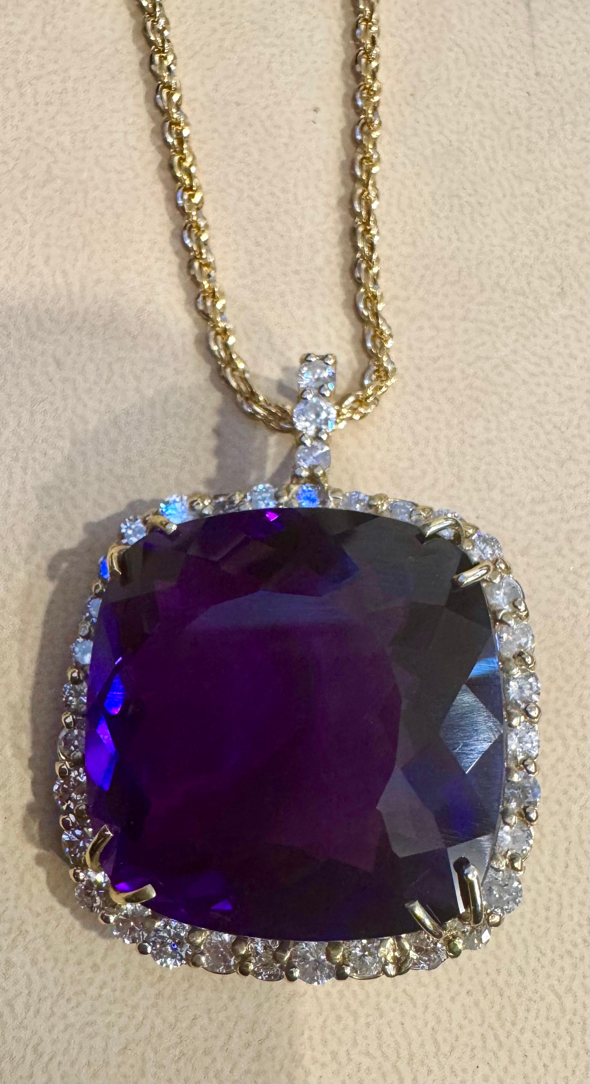 110Ct  Cushion Amethyst & 5 Ct Diamond Pendant Necklace 14 K Yellow Gold + Chain For Sale 11