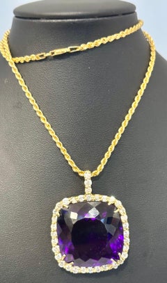 110Ct  Cushion Amethyst & 5 Ct Diamond Pendant Necklace 14 K Yellow Gold + Chain