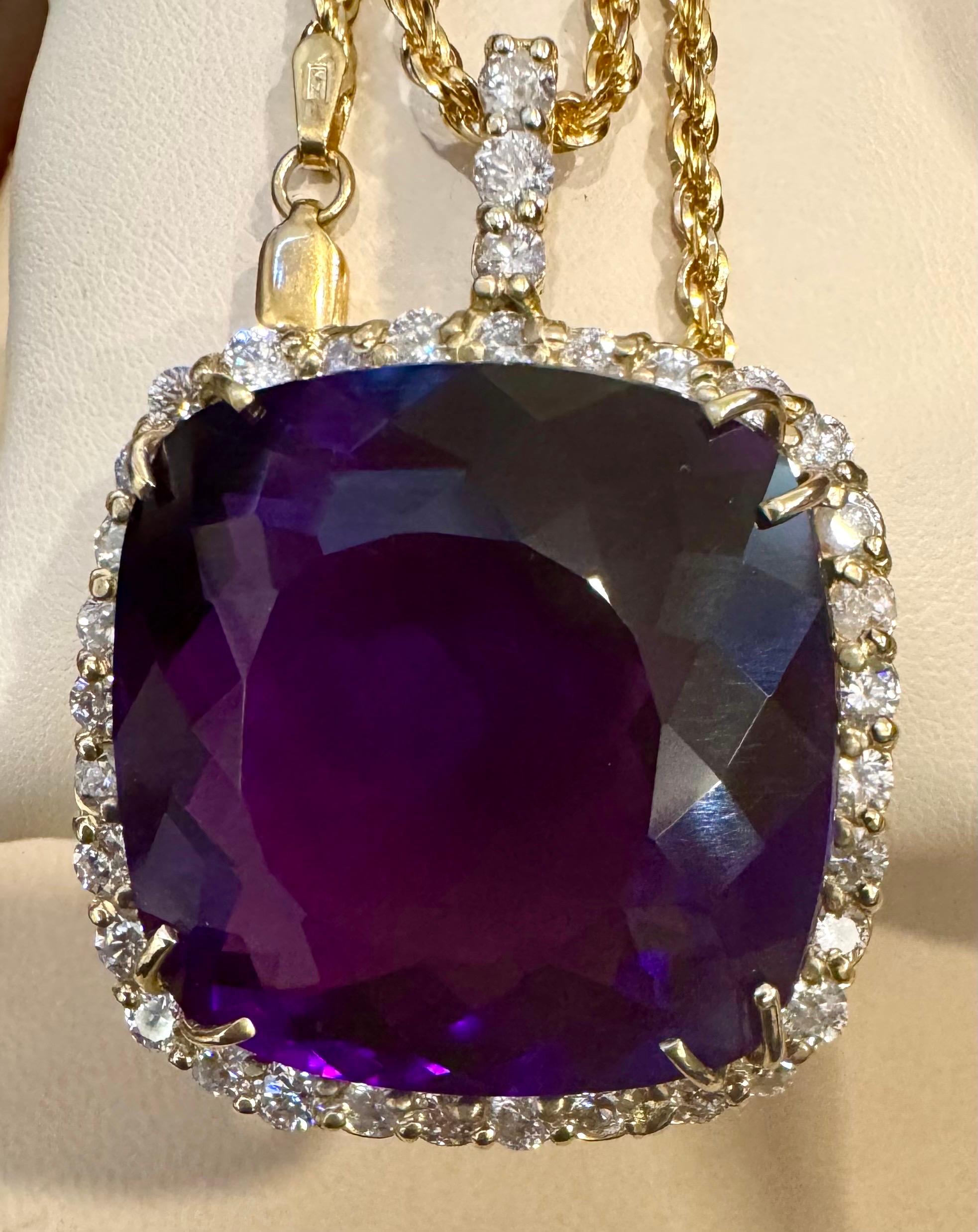 Cushion Cut 110Ct  Cushion Amethyst & 5 Ct Diamond Pendant Necklace 14 K Yellow Gold + Chain For Sale