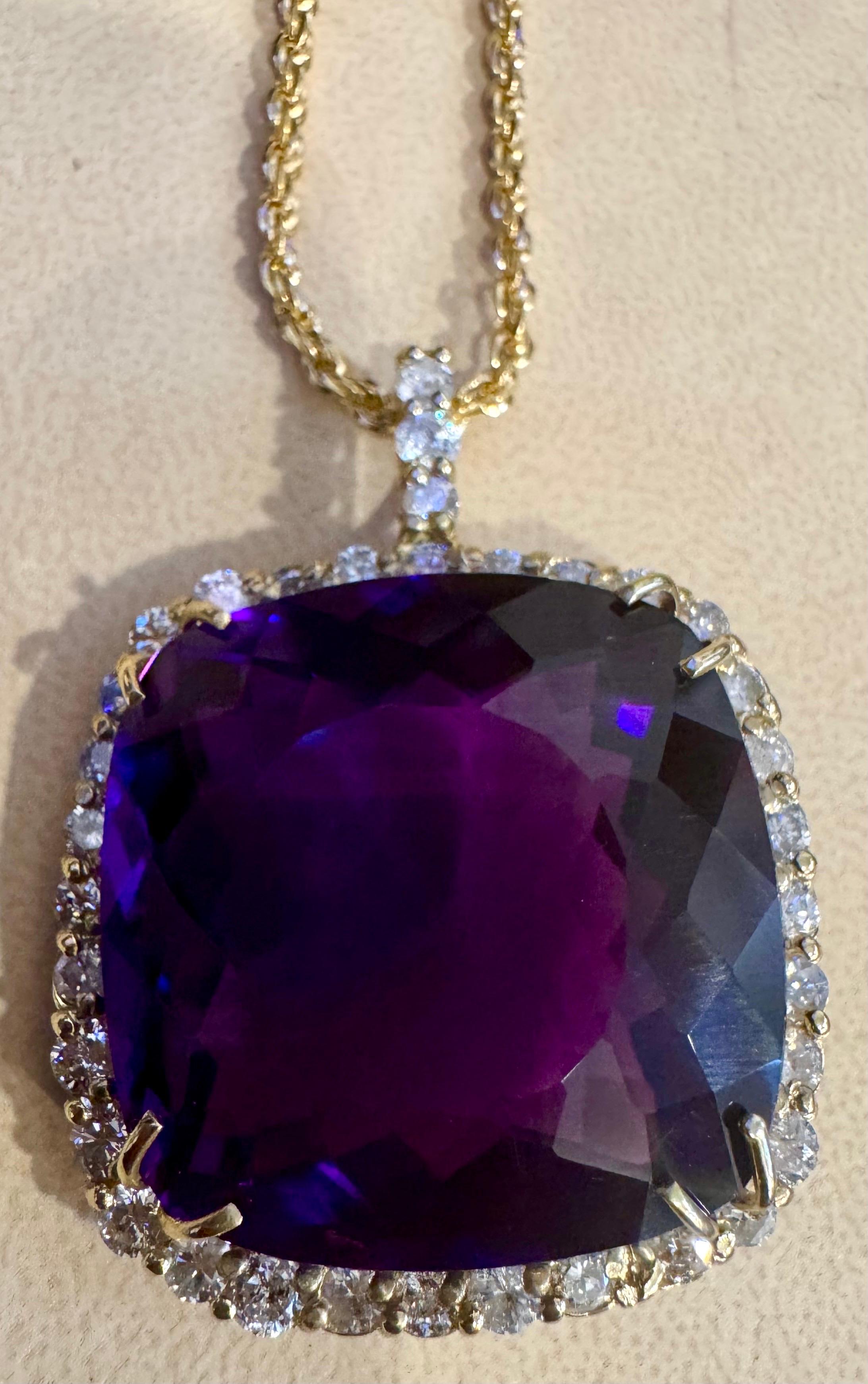 110Ct  Cushion Amethyst & 5 Ct Diamond Pendant Necklace 14 K Yellow Gold + Chain For Sale 4