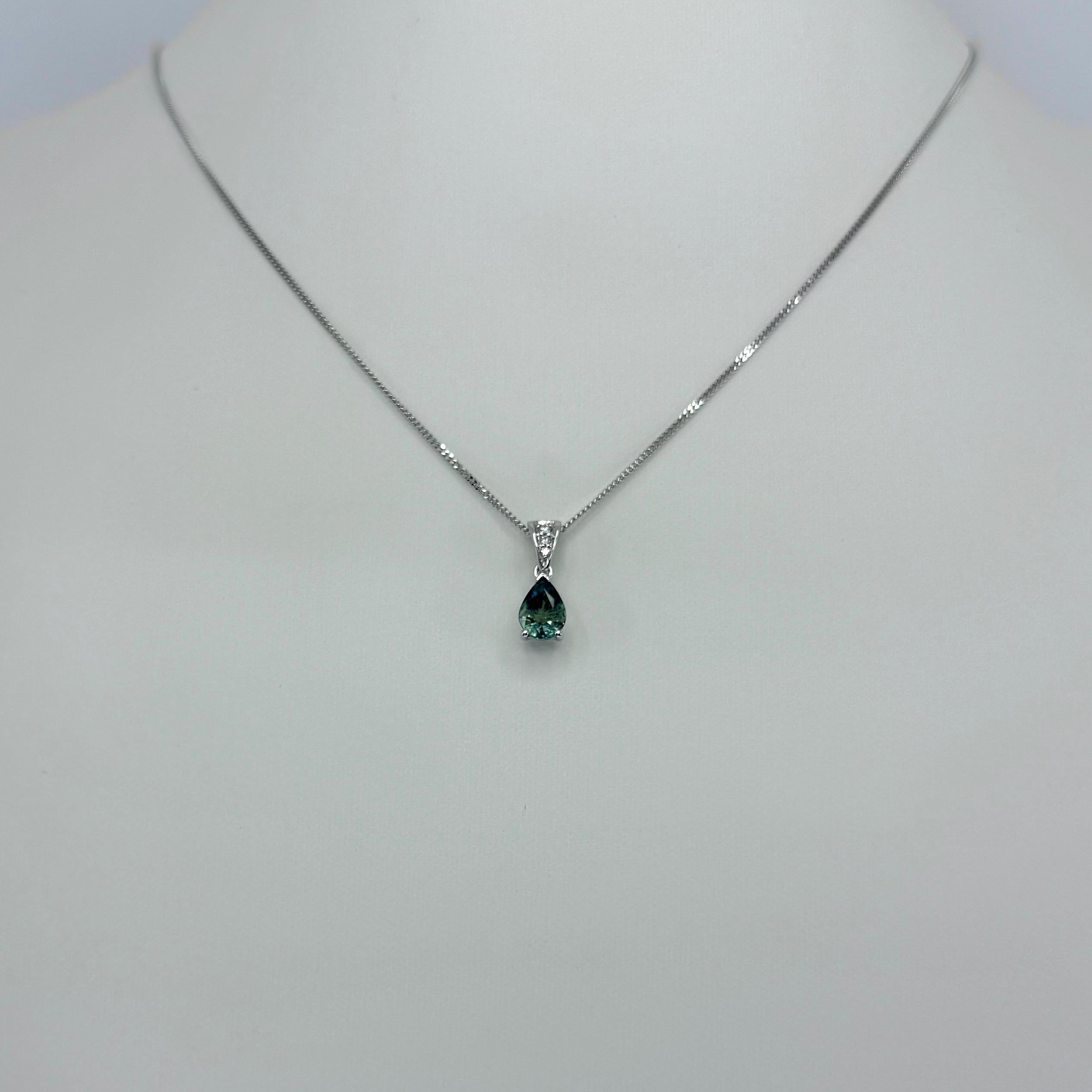 1.10ct Deep Green Blue Sapphire And Diamond Platinum Pear Cut Solitaire Pendant In New Condition In Birmingham, GB