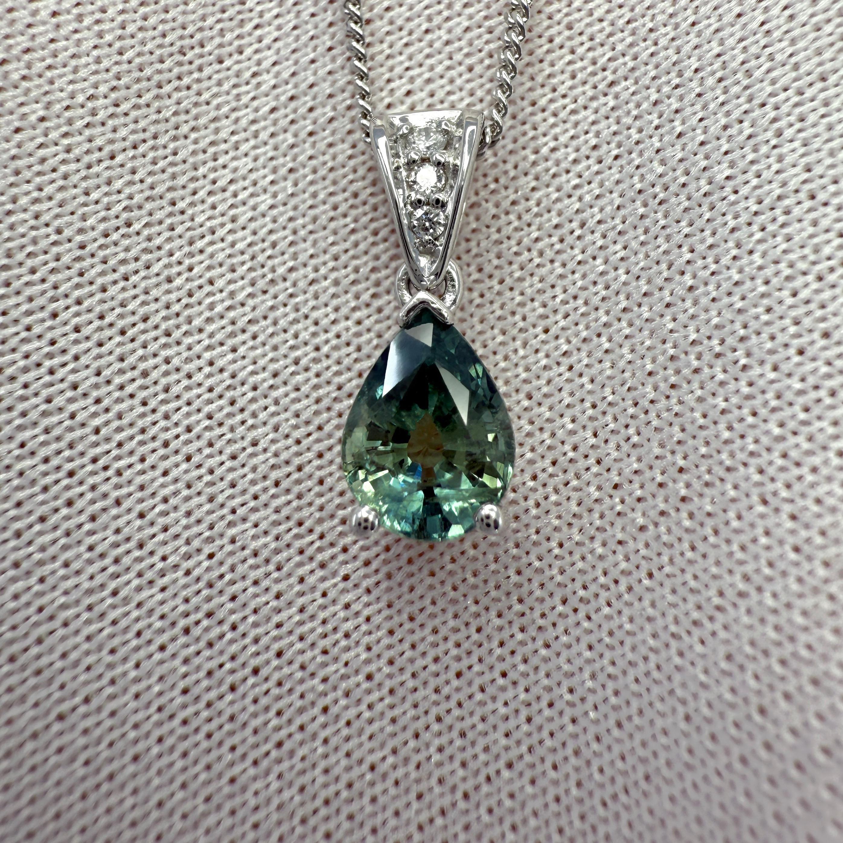 Women's or Men's 1.10ct Deep Green Blue Sapphire And Diamond Platinum Pear Cut Solitaire Pendant