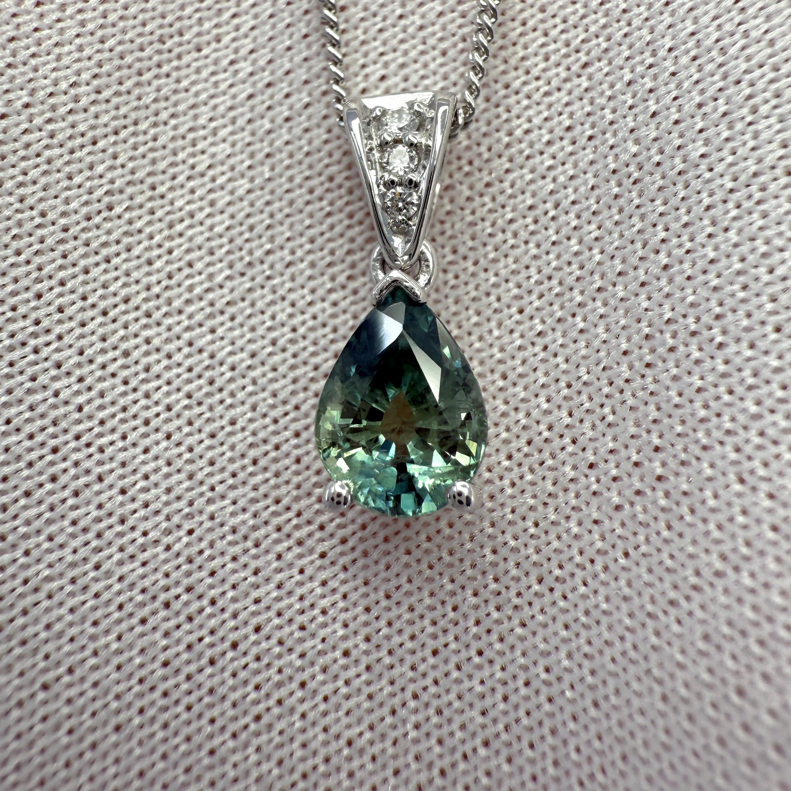 1.10ct Deep Green Blue Sapphire And Diamond Platinum Pear Cut Solitaire Pendant 1