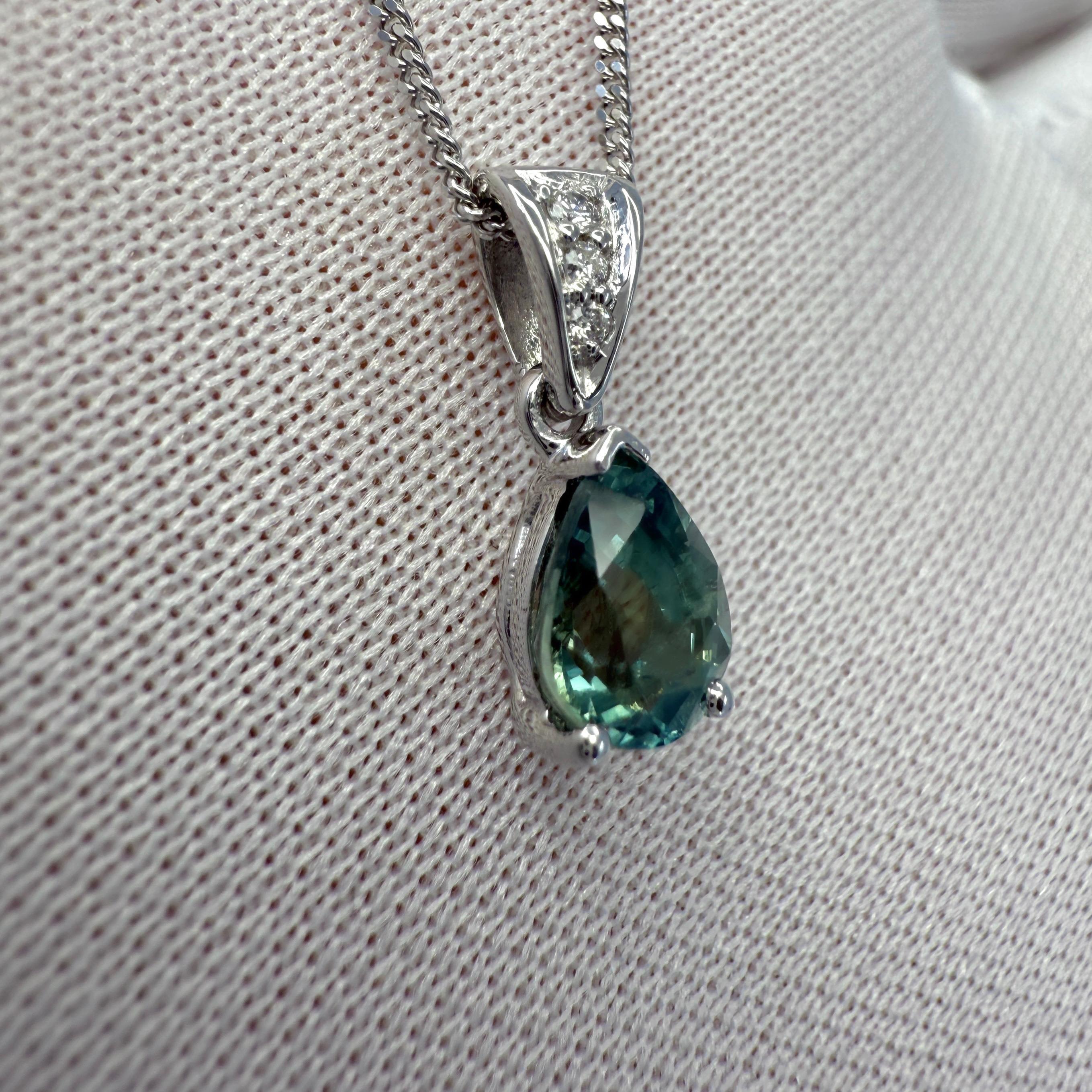 1.10ct Deep Green Blue Sapphire And Diamond Platinum Pear Cut Solitaire Pendant 2