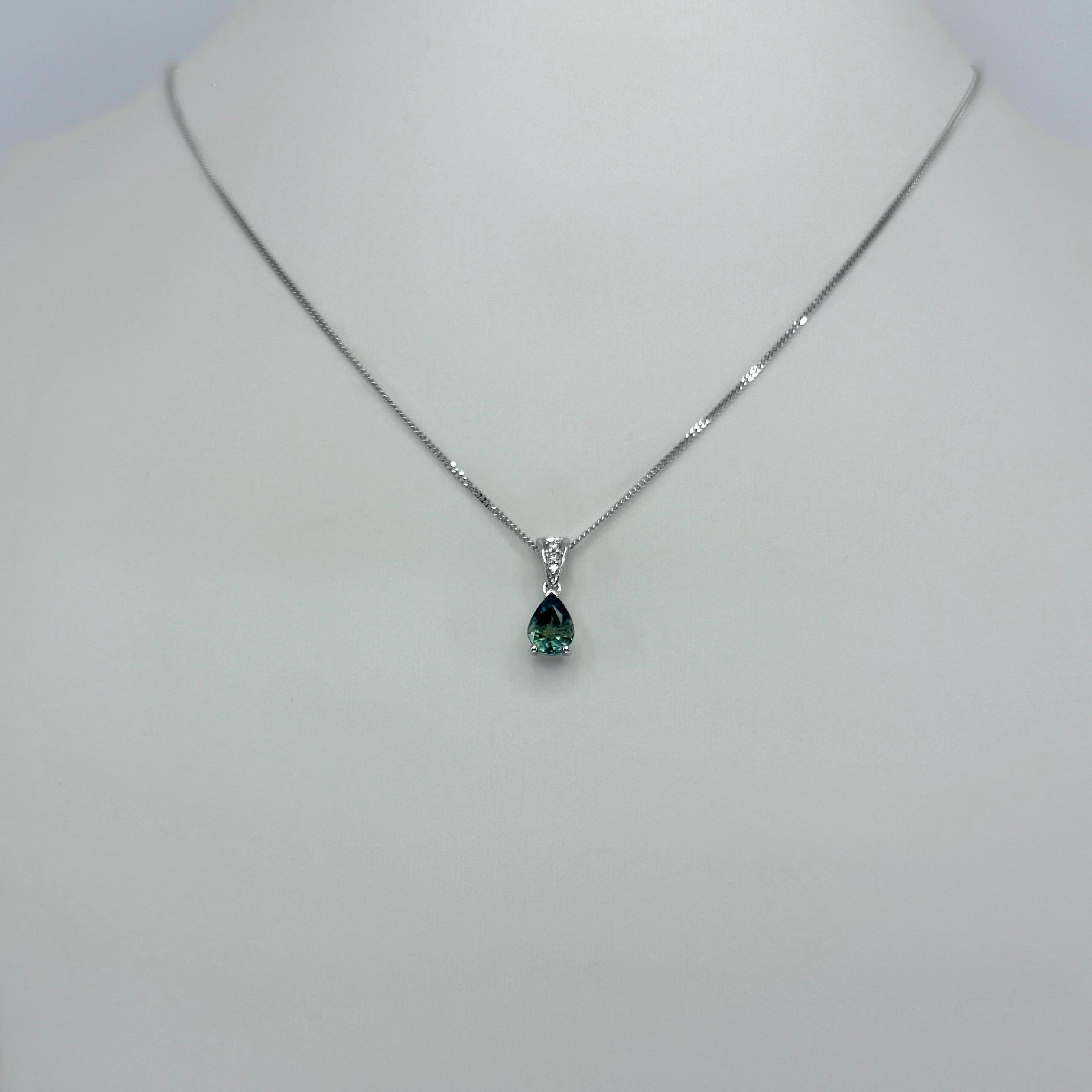 1.10ct Deep Green Blue Sapphire And Diamond Platinum Pear Cut Solitaire Pendant 3