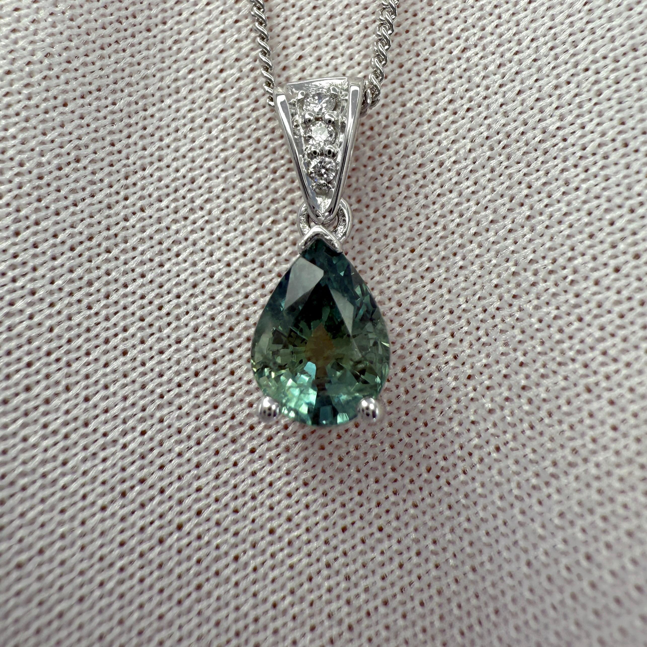 1.10ct Deep Green Blue Sapphire And Diamond Platinum Pear Cut Solitaire Pendant 4
