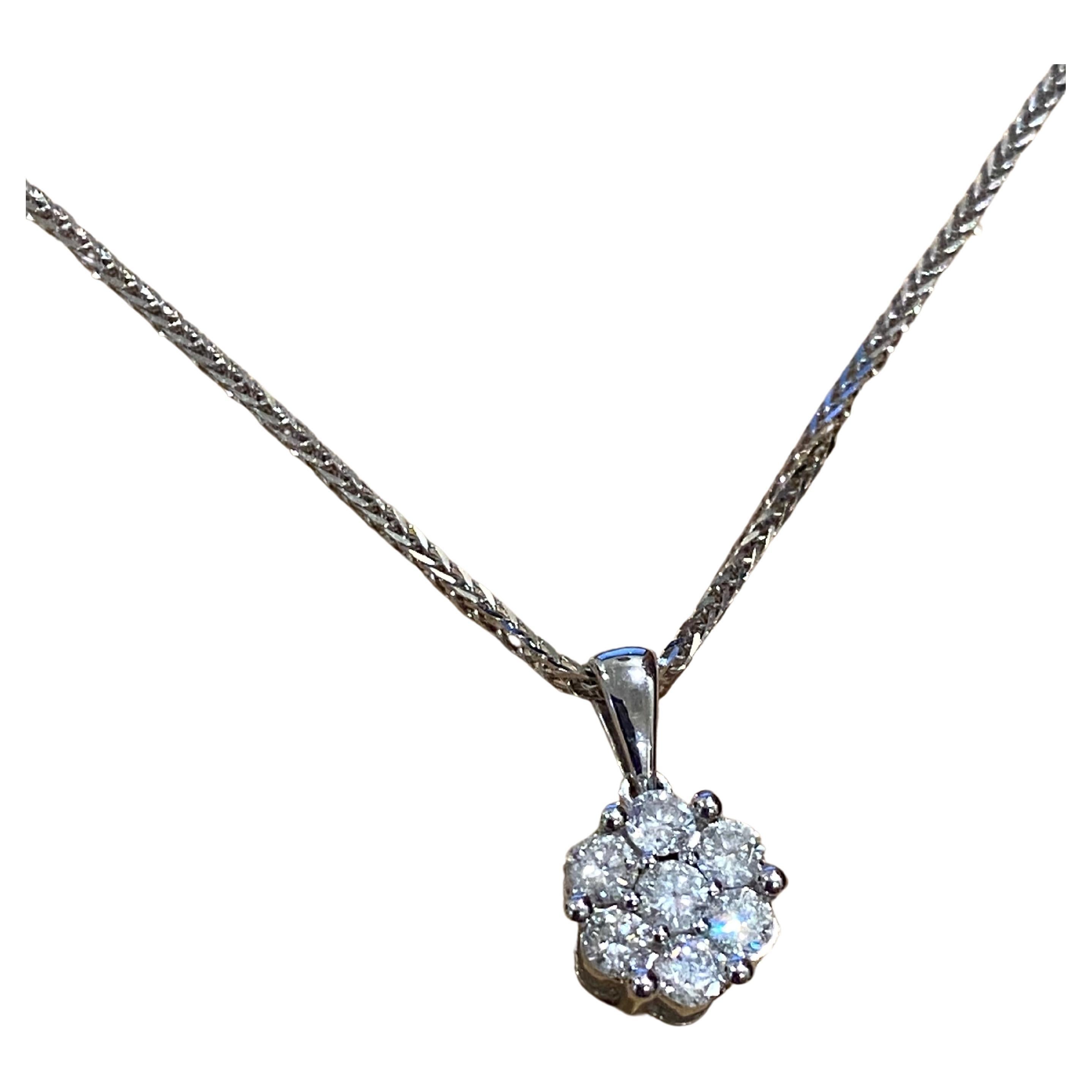 1.10ct Diamond Cluster Daisy Shaped Pendant in 18K White Gold on 18K Gold Chain For Sale