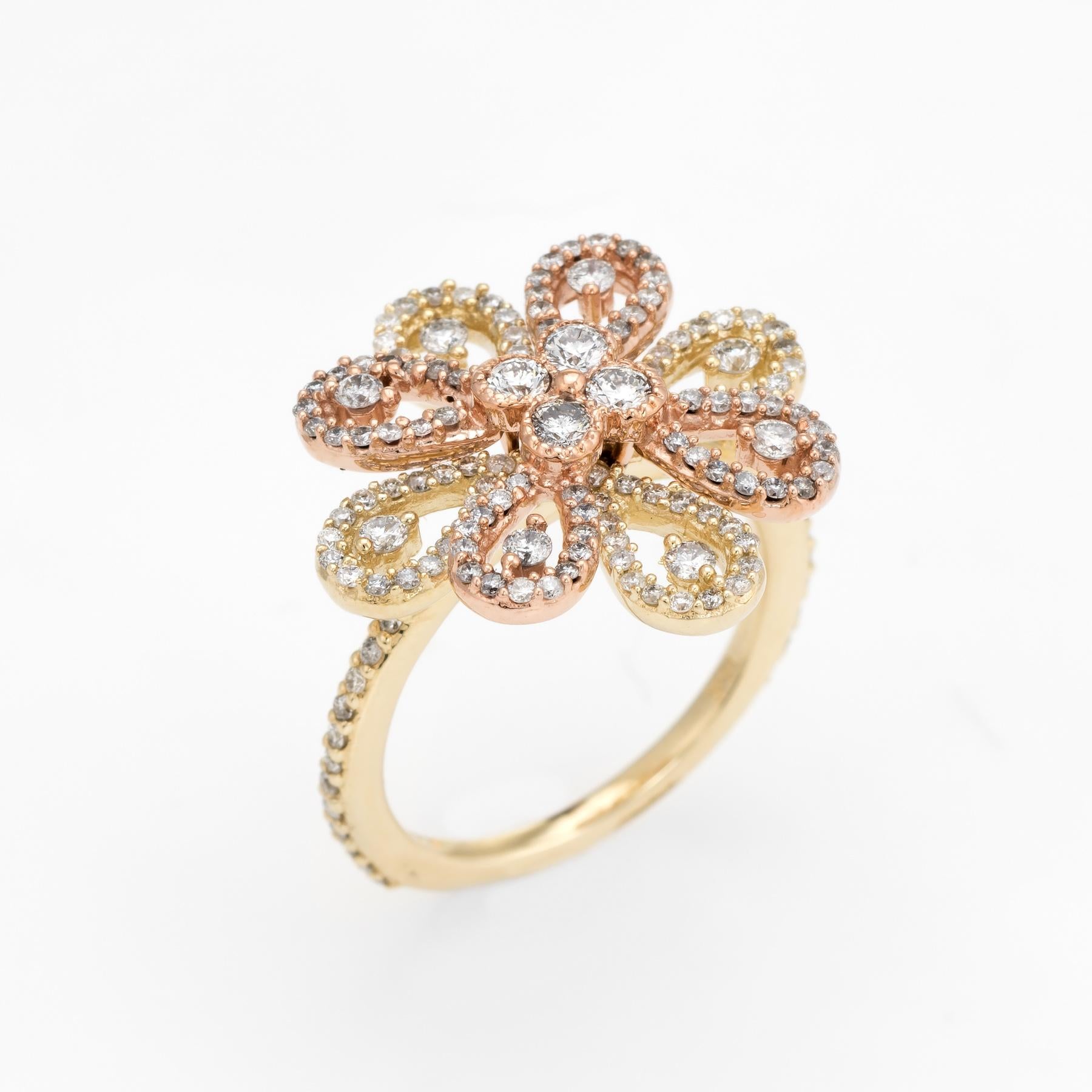 Finely detailed estate diamond cocktail ring, crafted in 14 karat yellow & rose gold. 

Round brilliant cut diamonds graduate in size from 0.001 to 0.05 carats, totaling an estimated 1.10 carats (estimated at H-I color and SI1-2 clarity).
 
The
