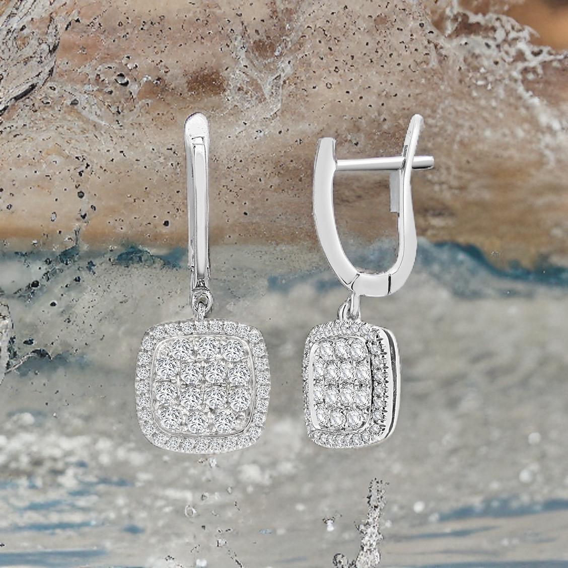 Bead 1.10ct Diamond Earrings Square Cushion Drop Hoops 18ct White Gold For Sale