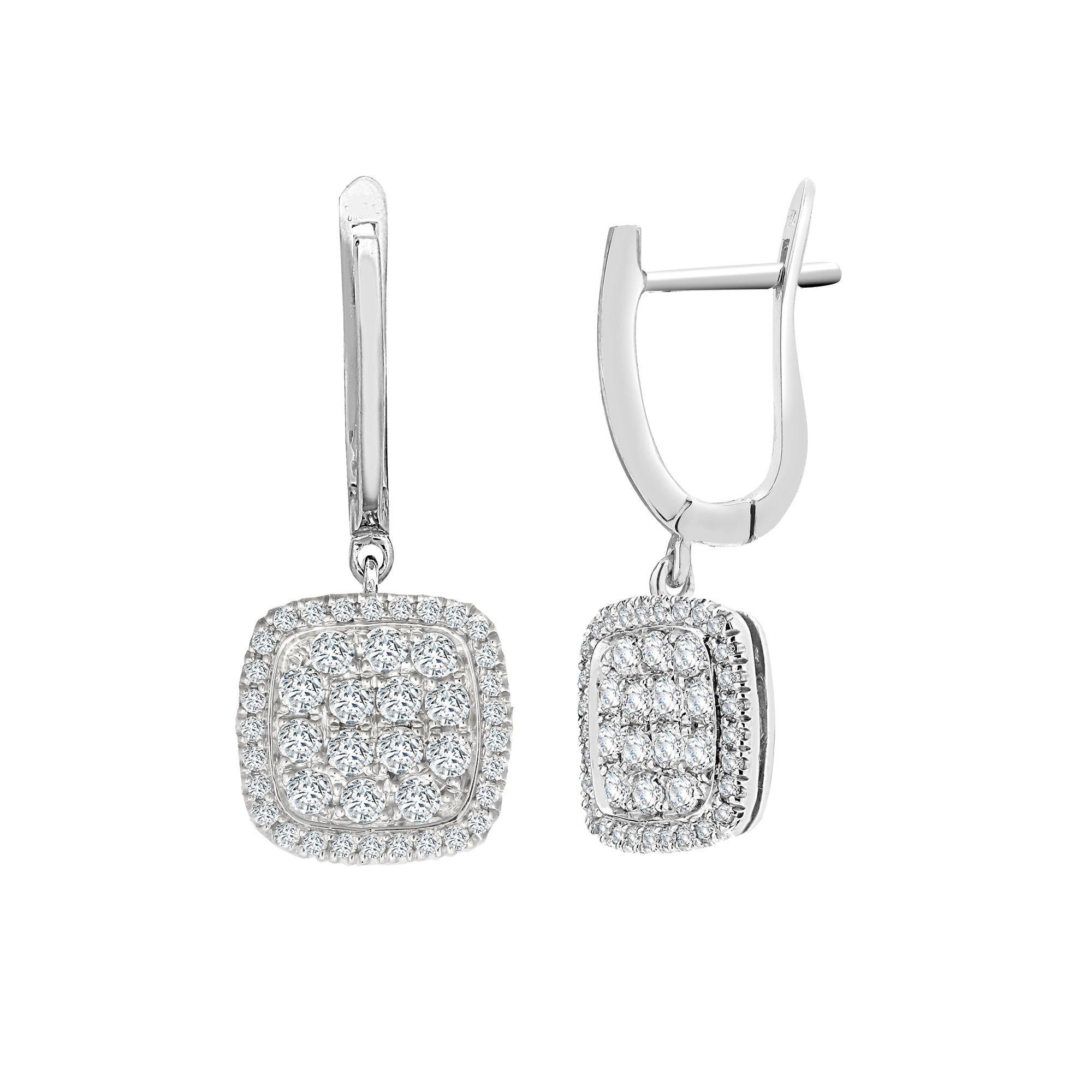 1.10ct Diamond Earrings Square Cushion Drop Hoops 18ct White Gold In New Condition For Sale In Ilford, GB