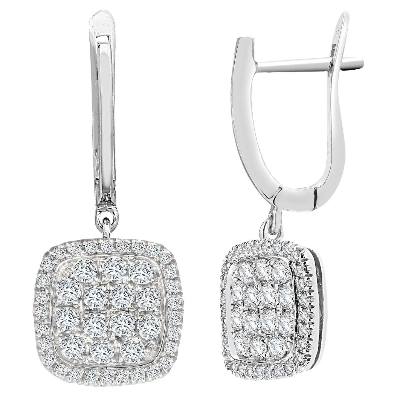 1.10ct Diamond Earrings Square Cushion Drop Hoops 18ct White Gold (Boucles d'oreilles diamant) en vente