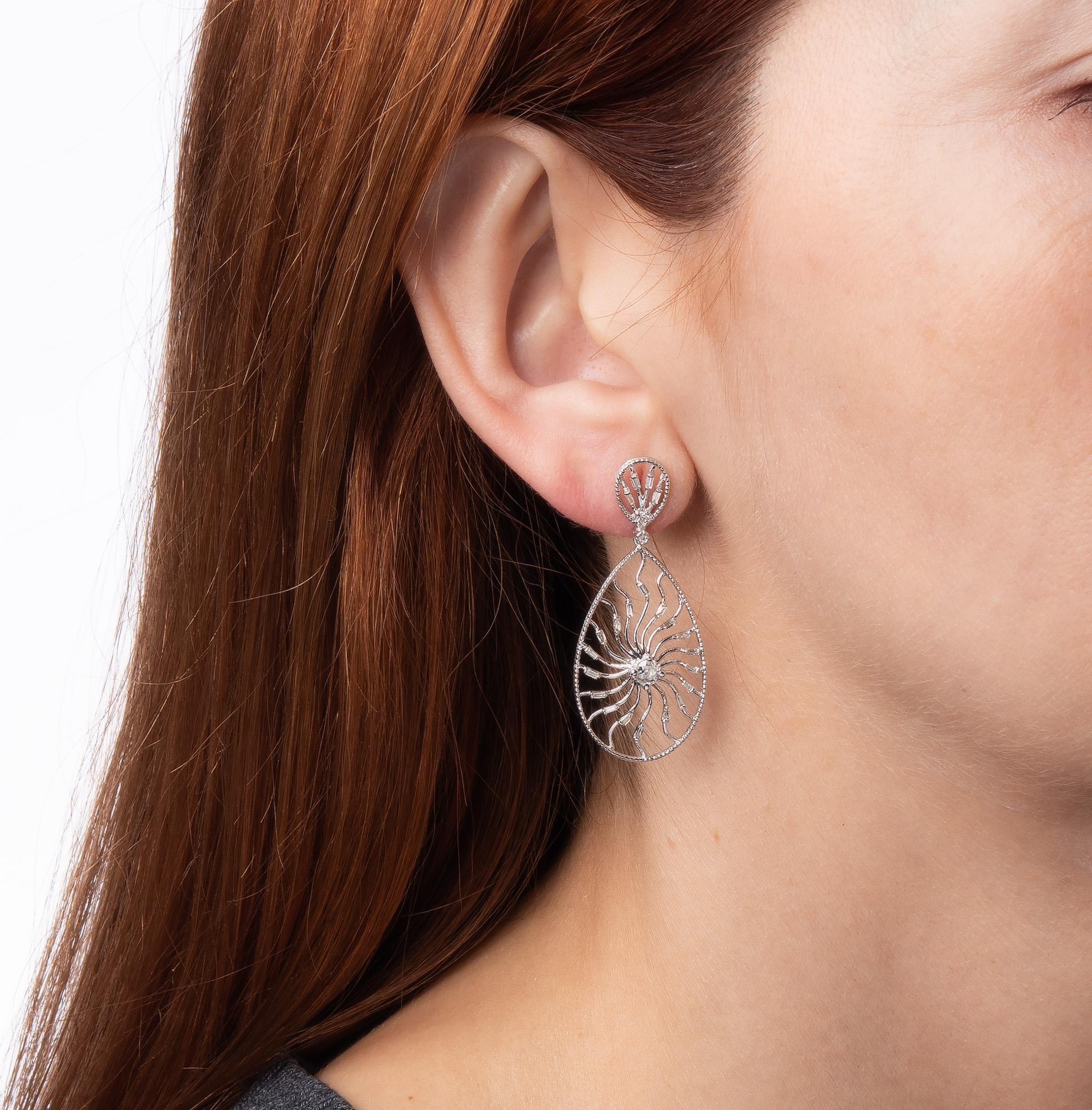 Modern 1.10ct Diamond Sunburst Earrings Vintage 14k White Gold Pear Drops Fine Jewelry For Sale