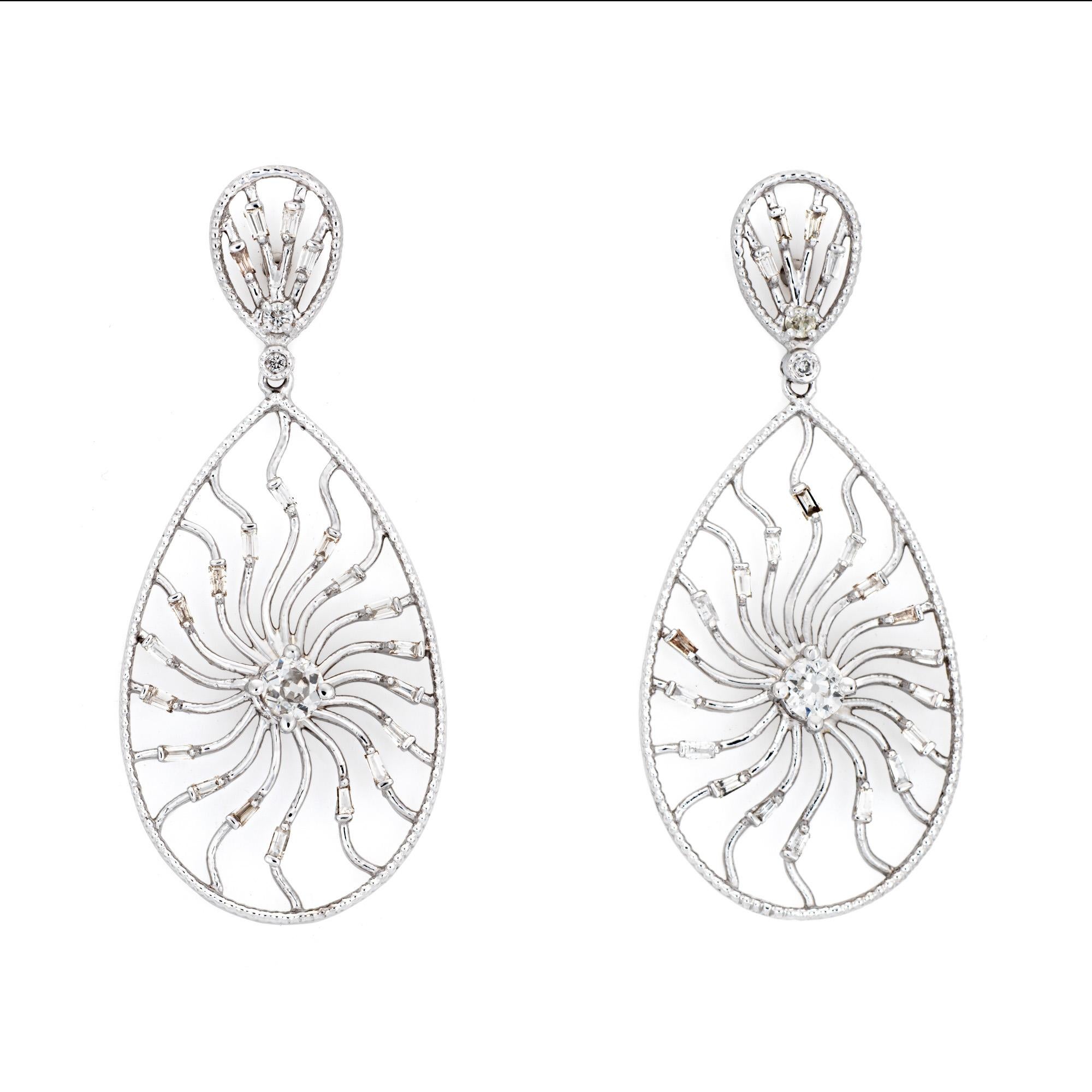 1.10ct Diamond Sunburst Pendientes Vintage 14k White Gold Pear Drops Fine Jewelry Corte baguette