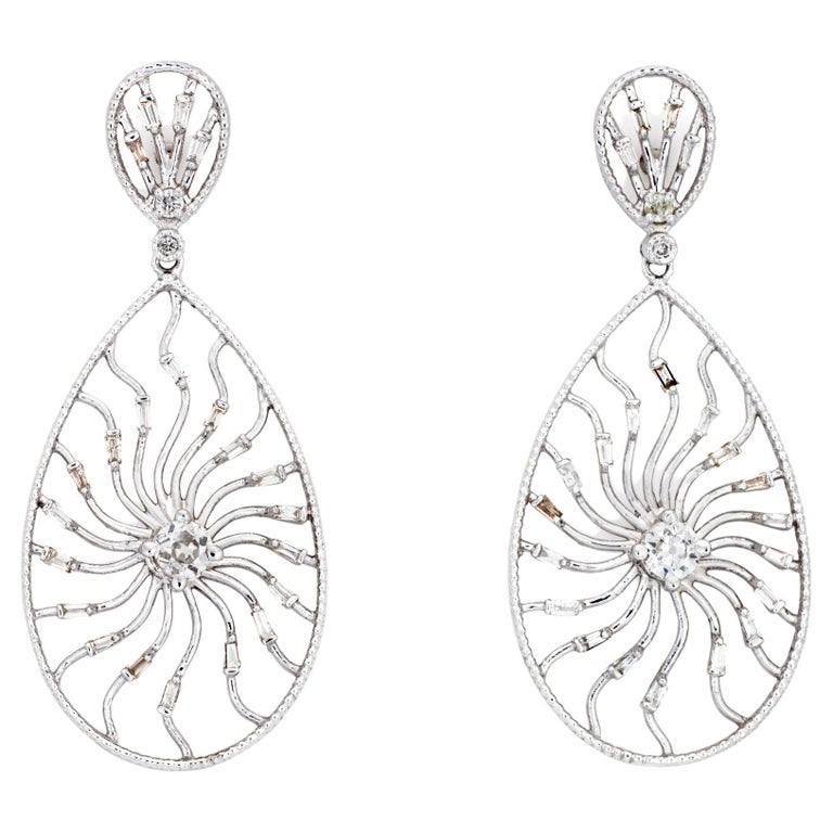 1.10ct Diamond Sunburst Earrings Vintage 14k White Gold Pear Drops Fine Jewelry For Sale at 1stDibs