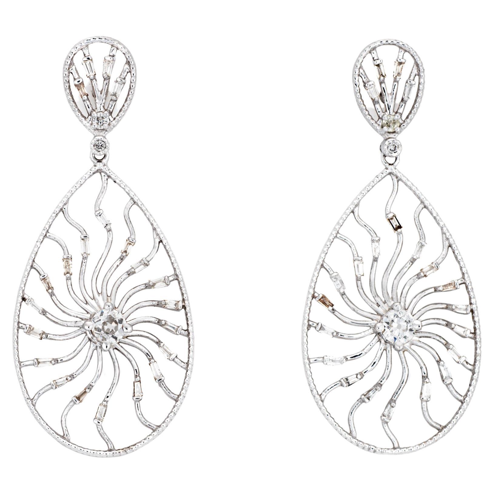 1.10ct Diamond Sunburst Earrings Vintage 14k White Gold Pear Drops Fine Jewelry For Sale