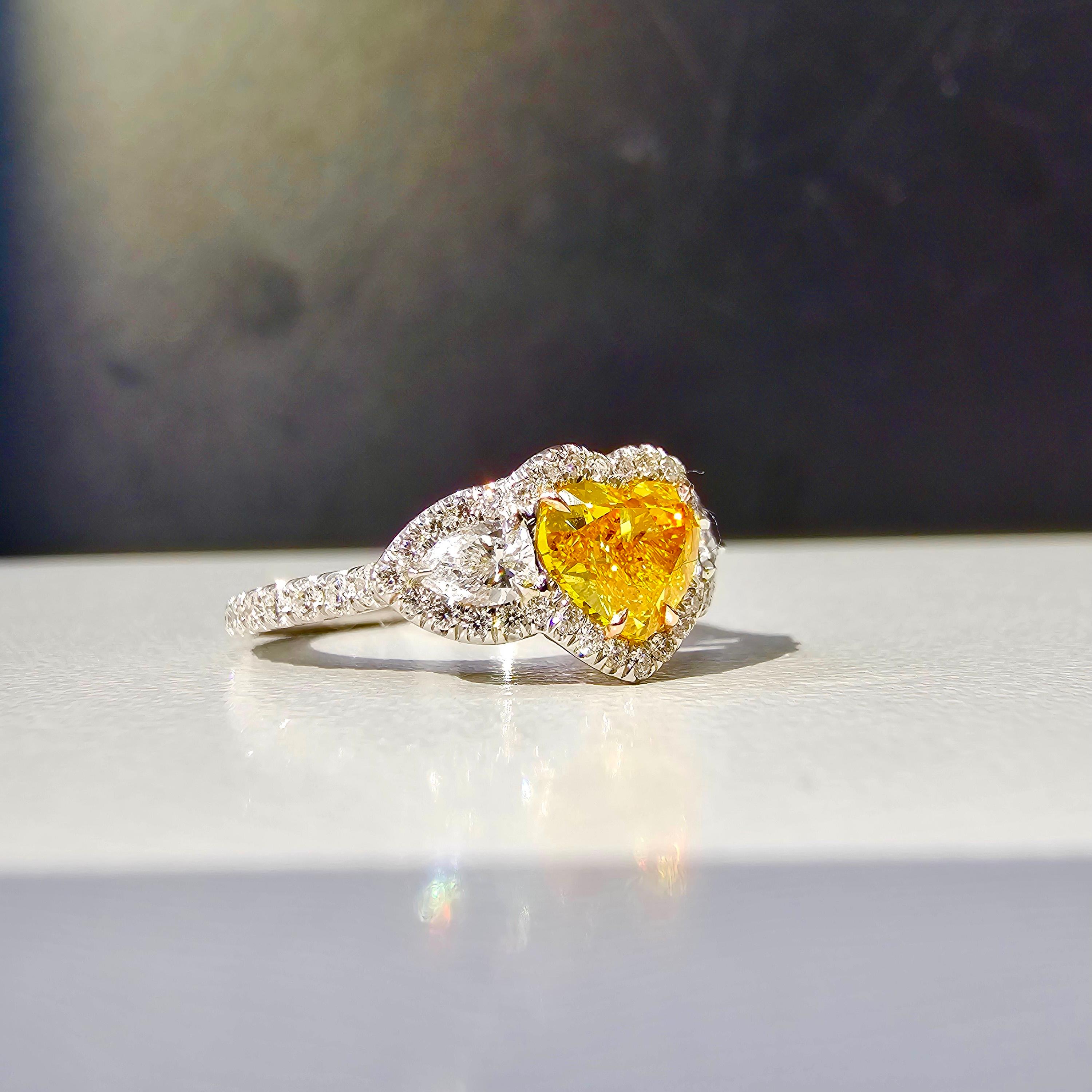 Heart Cut 1ct Fancy Vivid Yellowish Orange Heart Shape Diamond Ring For Sale