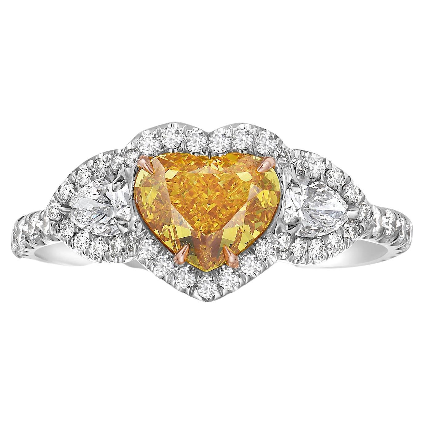 1ct Fancy Vivid Yellowish Orange Heart Shape Diamond Ring For Sale