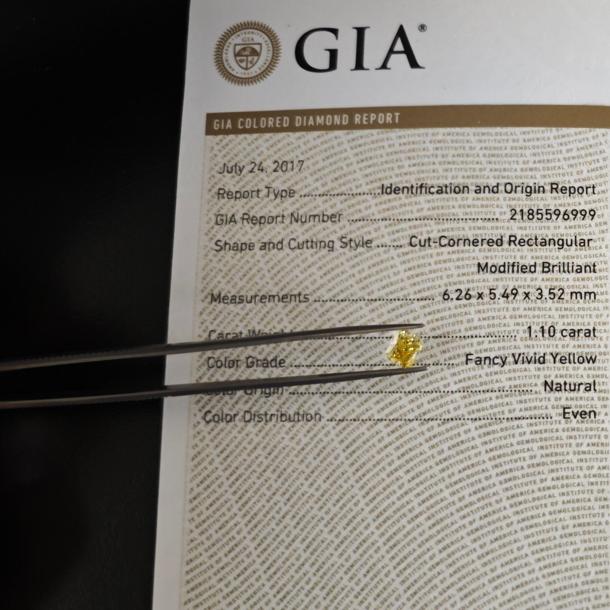 Taille radiant Diamant naturel de 1,10 carats de couleur jaune vif, taille radiant, certifié GIA, haute joaillerie en vente