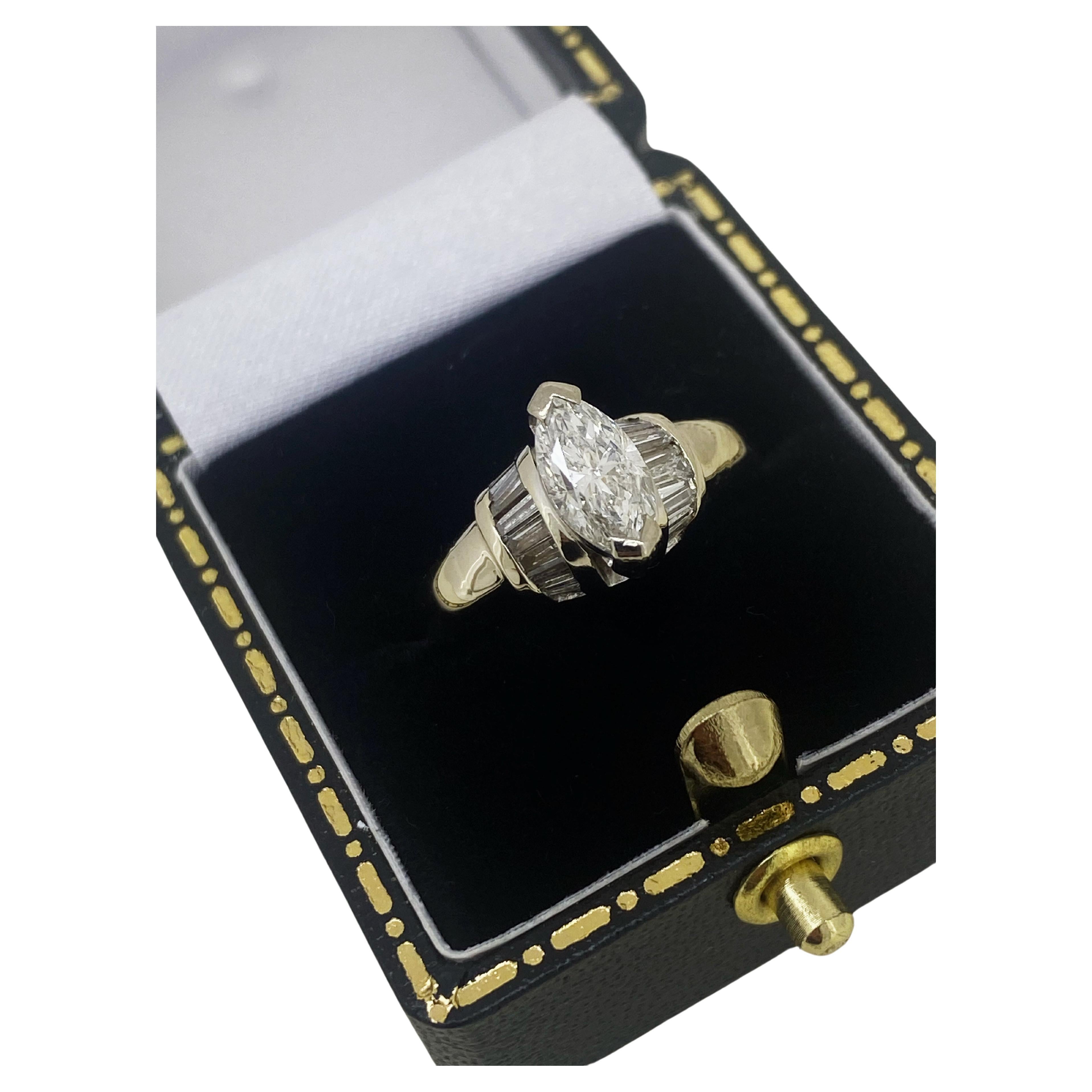 Of timeless & visually striking design, 
this exquisite piece is centring 
a Marquise Cut Diamond – 
rare & sought-after nowadays - 
of impressive size – 0.80ct 
(4.5mm x 9mm approx.)
of G colour, VS clarity & sunlike brilliance,
securely set in