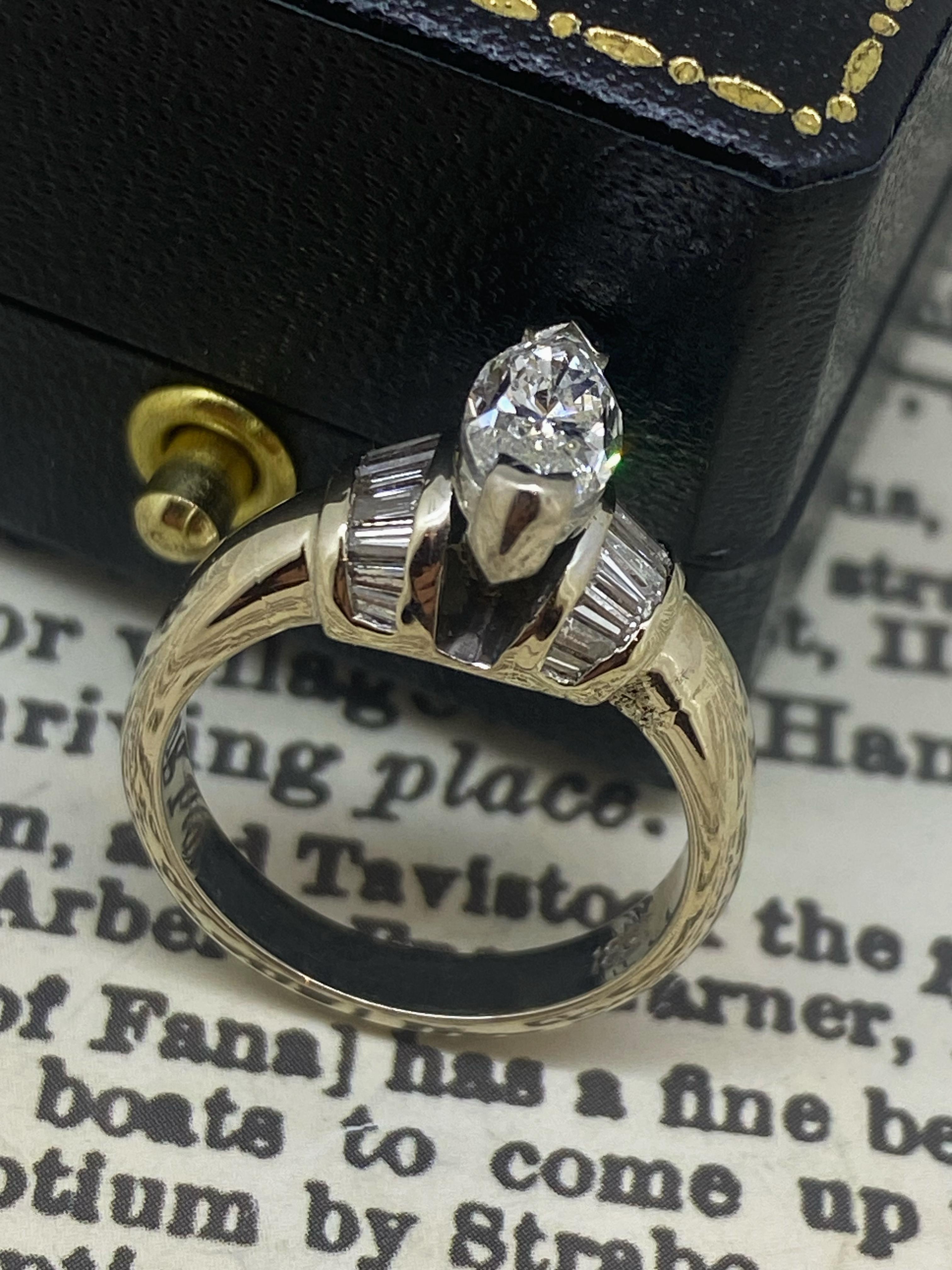 Marquise Cut 1.10ct Marquise & Baguette Cut Diamond Solitaire with Accents Ring in 18K Gold For Sale
