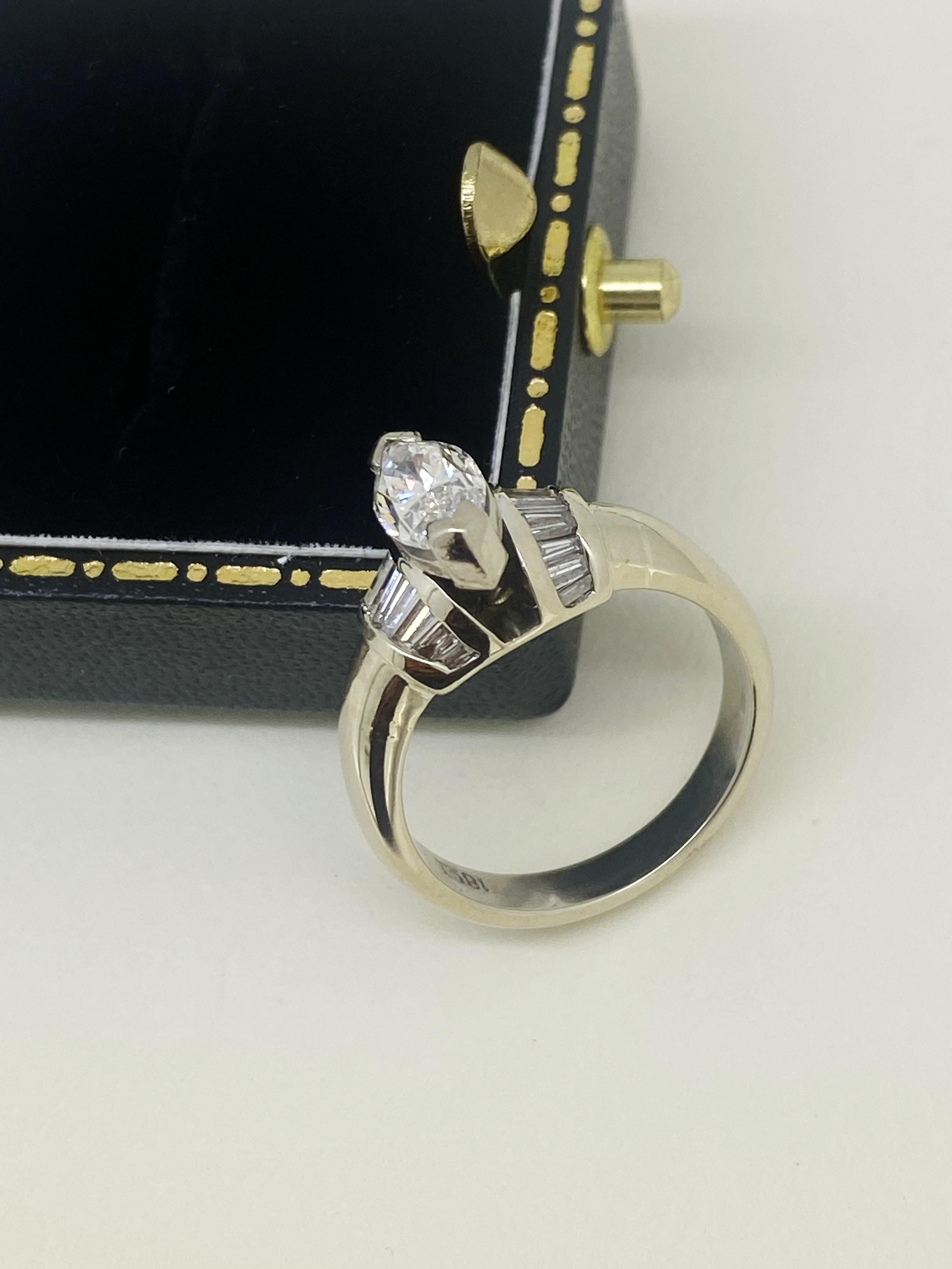 1.10ct Marquise & Baguette Cut Diamond Solitaire with Accents Ring in 18K Gold For Sale 3