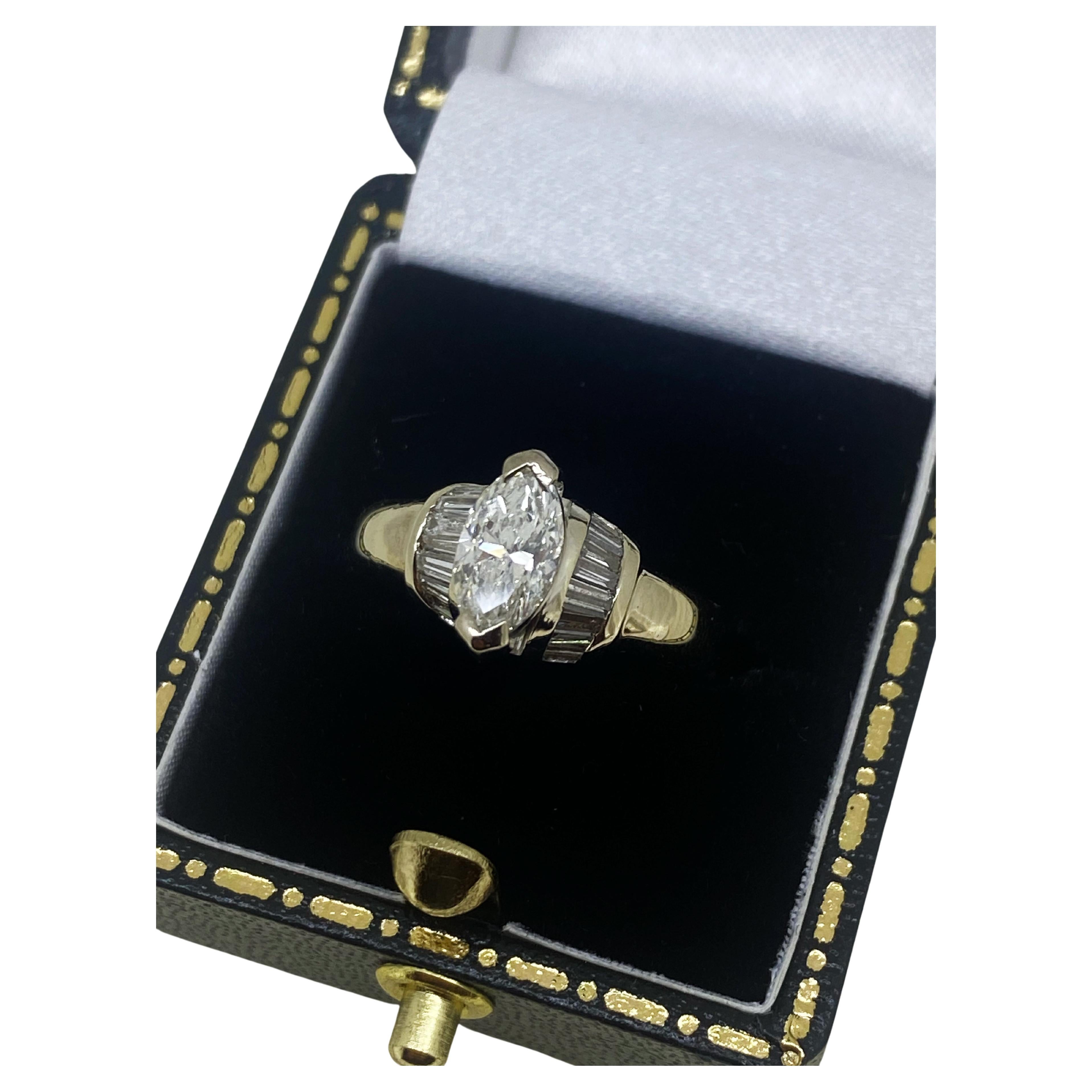 1.10ct Marquise & Baguette Cut Diamond Solitaire with Accents Ring in 18K Gold For Sale