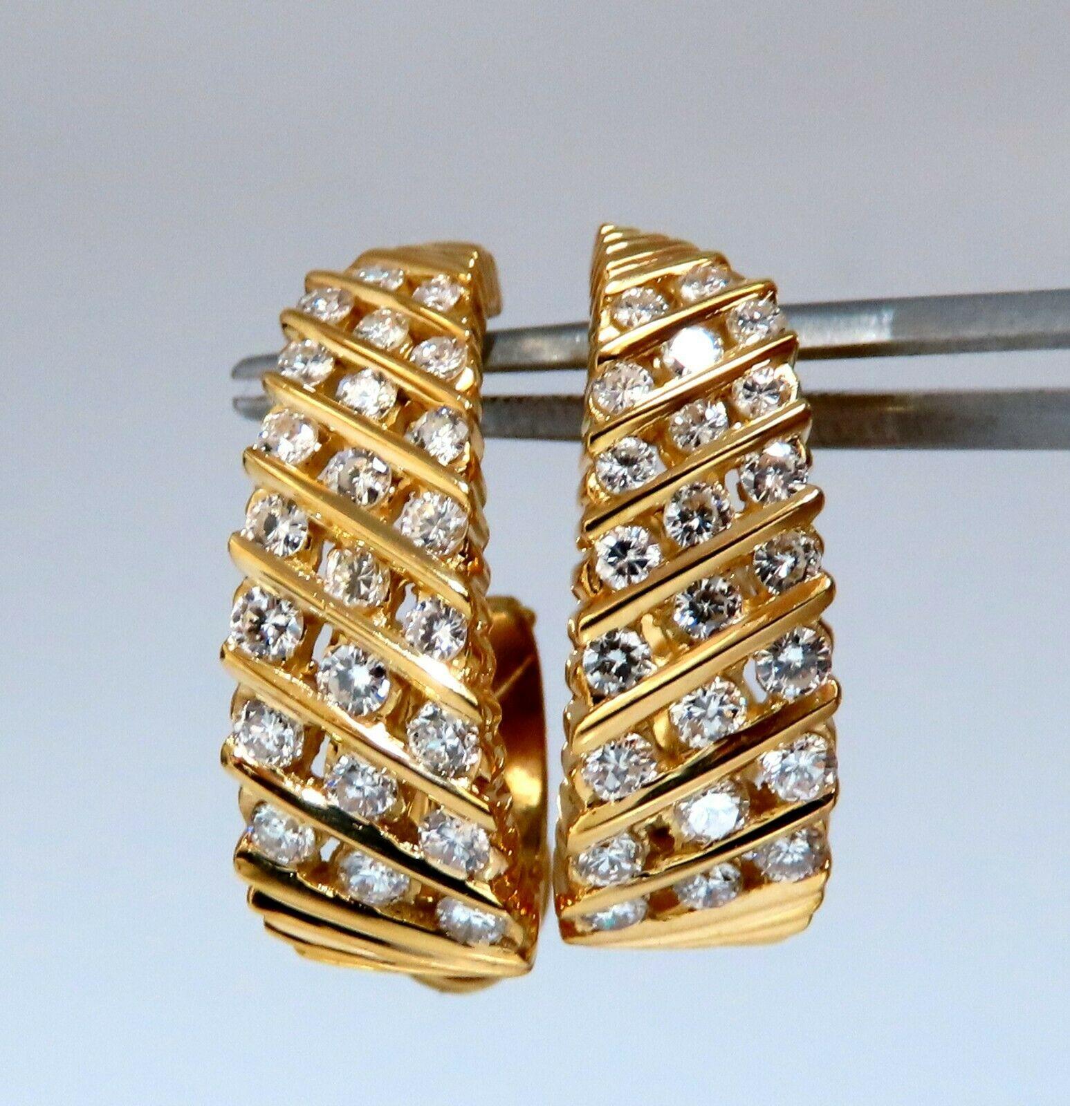 Women's or Men's 1.10 Carat Natural Diamonds Slant Row Channel Semi Hoop Earrings 14 Karat For Sale